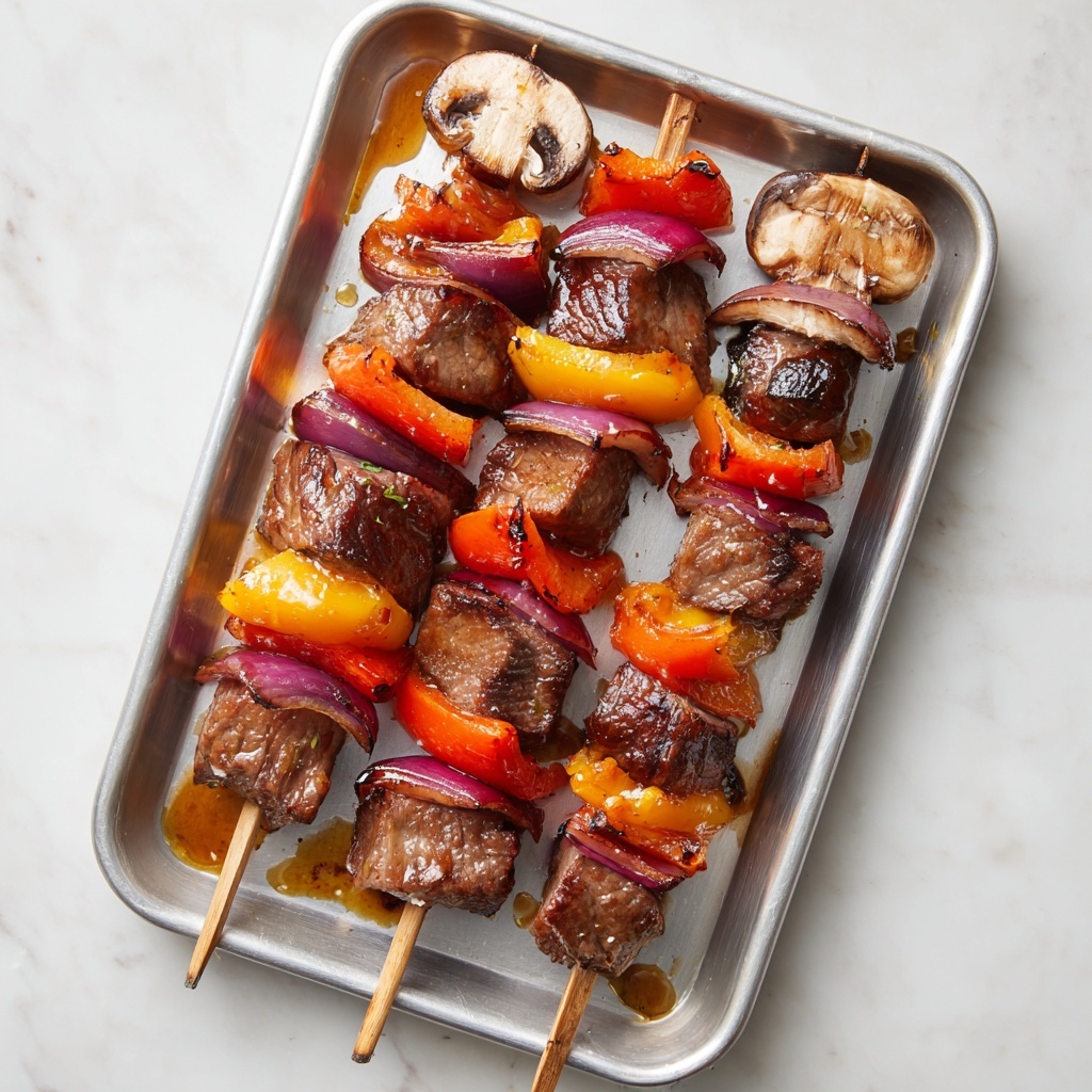 The image shows five wooden skewers lined up on a metal tray with a light silver color, placed on a white marbled surface. Each skewer has layers starting with chunks of cooked brown meat, followed by halves of brown mushrooms with a firm texture, and slices of orange bell peppers. There are also pieces of purplish-red onion layered on the skewers, adding a bright color contrast. The food is slightly shiny from a glaze or sauce that appears to have dripped onto the tray in small spots, giving the scene a fresh, ready-to-eat look. Photo taken with an iphone --ar 4:5 --v 7