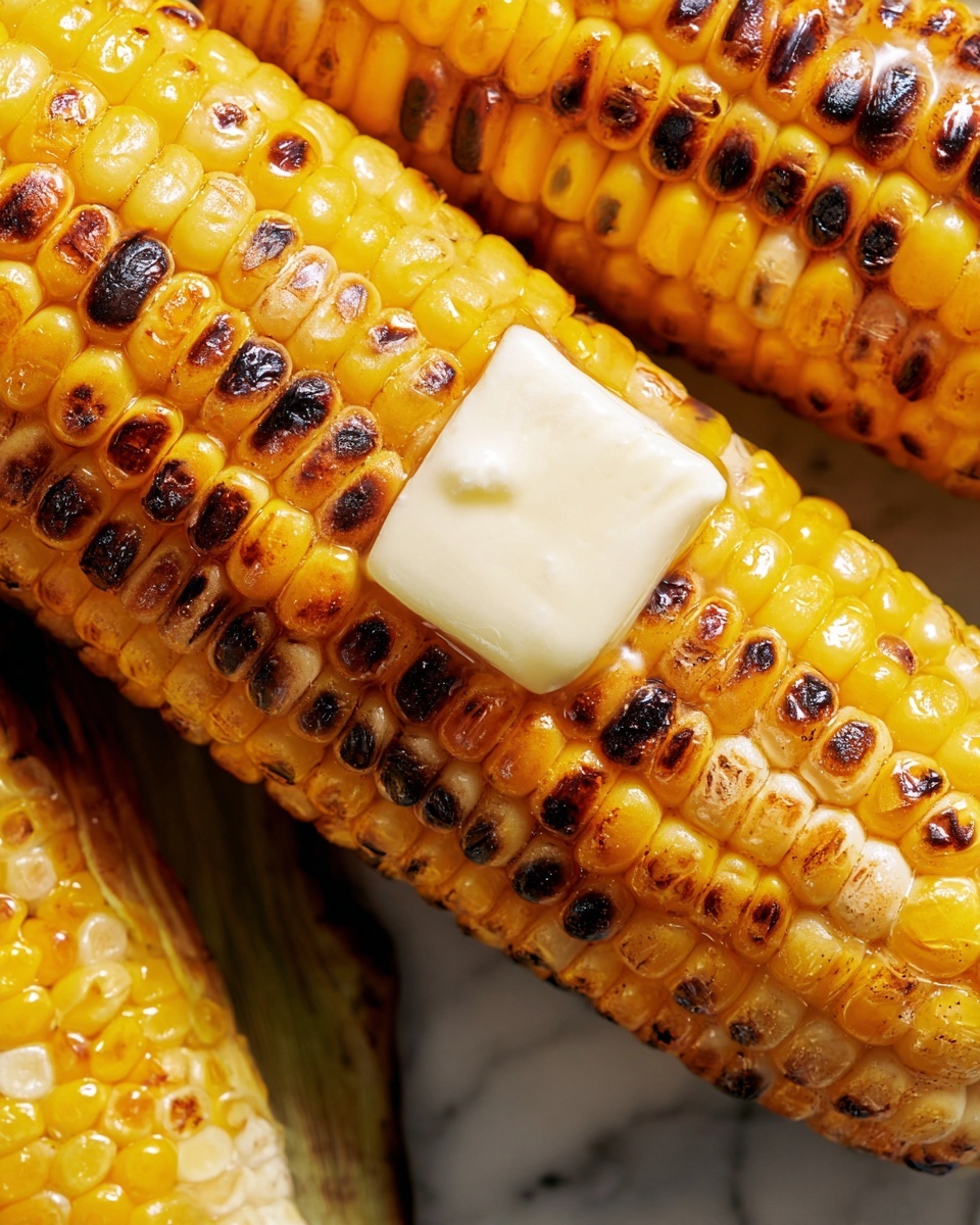 The image shows four ears of grilled corn placed side by side on a white plate. The first ear on the left is plain with bright yellow kernels and some light charring. The second ear from the left is covered in a thick white cream layer, sprinkled with small white crumbs and chopped green herbs, with some red seasoning scattered on top. The third ear is covered with a reddish sauce and topped with shredded orange cheese that looks soft and fresh. The fourth ear on the right is topped with a green chunky sauce and sprinkled with white crumbly cheese. Above the fourth ear, a woman's hand is seen sprinkling some white crumbs. The plate is on a white marbled surface. Photo taken with an iphone --ar 4:5 --v 7