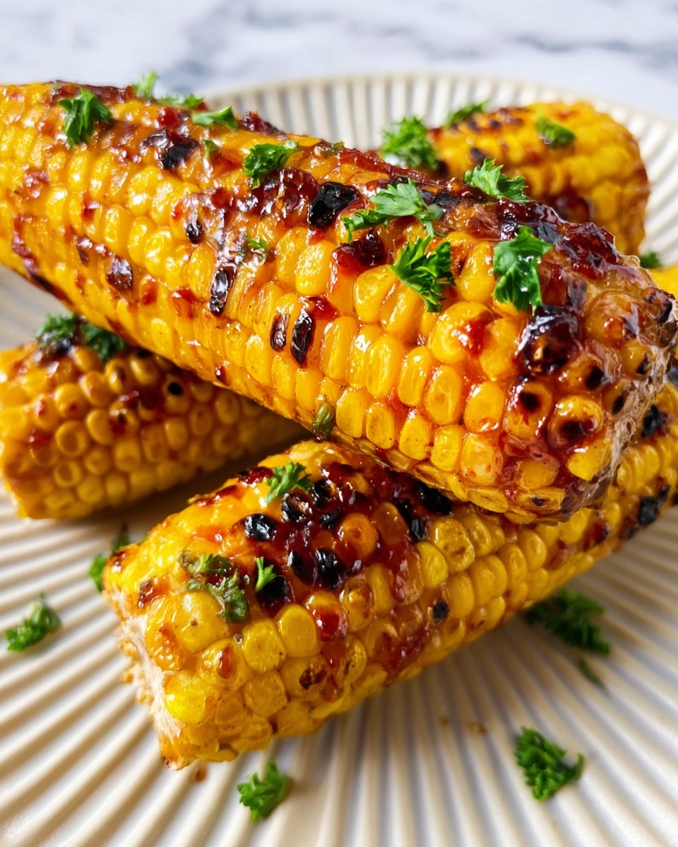 The image shows three pieces of grilled corn stacked on a white ridged plate, placed on a white marbled surface. The corn is bright yellow with charred brown spots and glistening with a sticky sauce that appears slightly red and glossy. Small green parsley leaves are scattered on and around the corn, adding contrast. The overall look is juicy and fresh with a mix of shiny and rough textures from the sauce and grilled kernels photo taken with an iphone --ar 4:5 --v 7