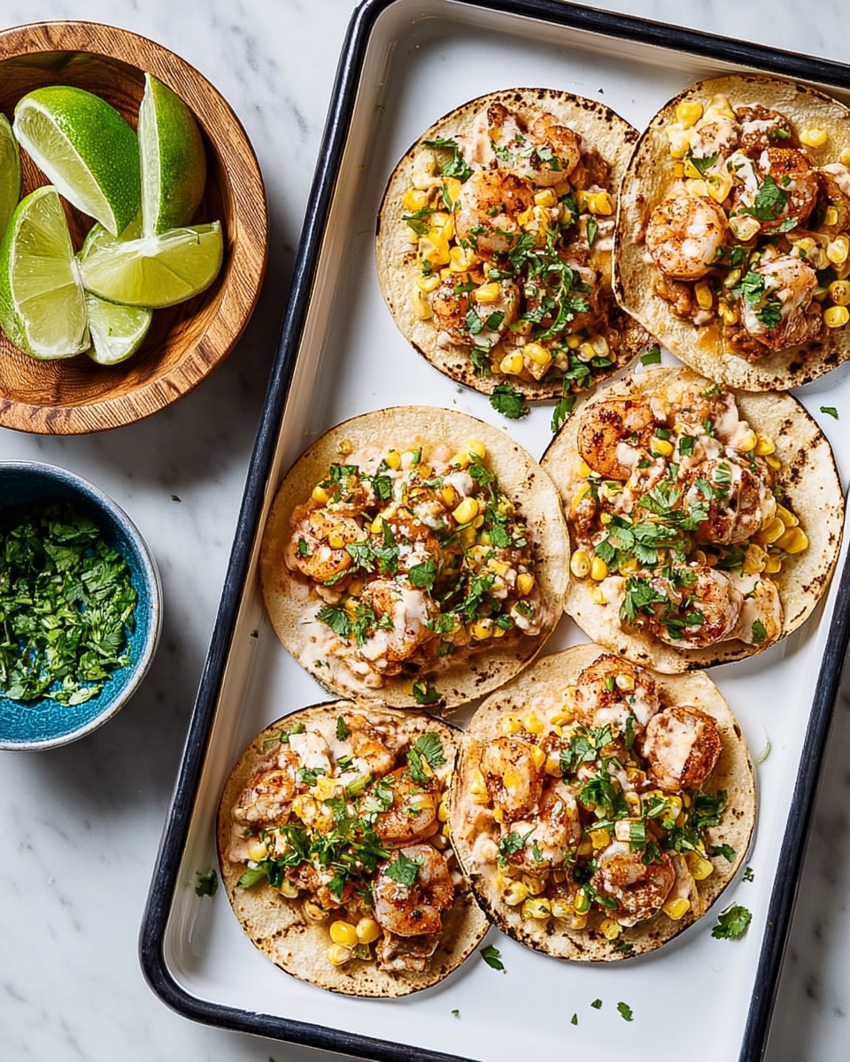Six small soft tortillas are placed on a white rectangular tray with black edges, each carrying a layered mix of ingredients. The base layer on each tortilla is light brown, slightly toasted, and soft in texture. On top, there are several juicy pink shrimp, some charred yellow corn kernels mixed with bits of green onion, all coated lightly with a creamy, pale sauce. Fresh green herbs, likely cilantro, are sprinkled generously over all the tacos, adding a touch of bright green color and freshness. On the left side of the tray, a wooden bowl holds lime wedges showing their juicy green insides, and next to it, another bowl with a blue inside is filled with finely chopped green herbs. The scene is set on a white marbled background, making the colors of the food pop, photo taken with an iphone --ar 4:5 --v 7