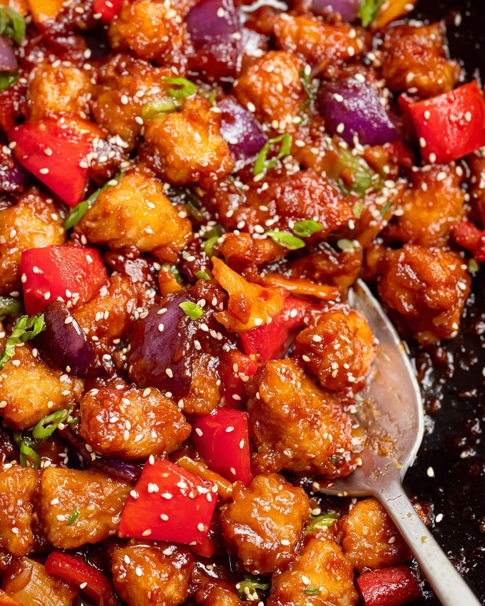 A white bowl filled with a base layer of fluffy white rice, topped with a layer of golden brown fried chicken pieces coated in a shiny orange sauce. Mixed in are chunks of red and green bell peppers adding bright colors, sprinkled lightly with small white sesame seeds and chopped green onions. A woman's hand holds a silver fork to the side of the bowl, which sits on a white marbled surface. photo taken with an iphone --ar 4:5 --v 7