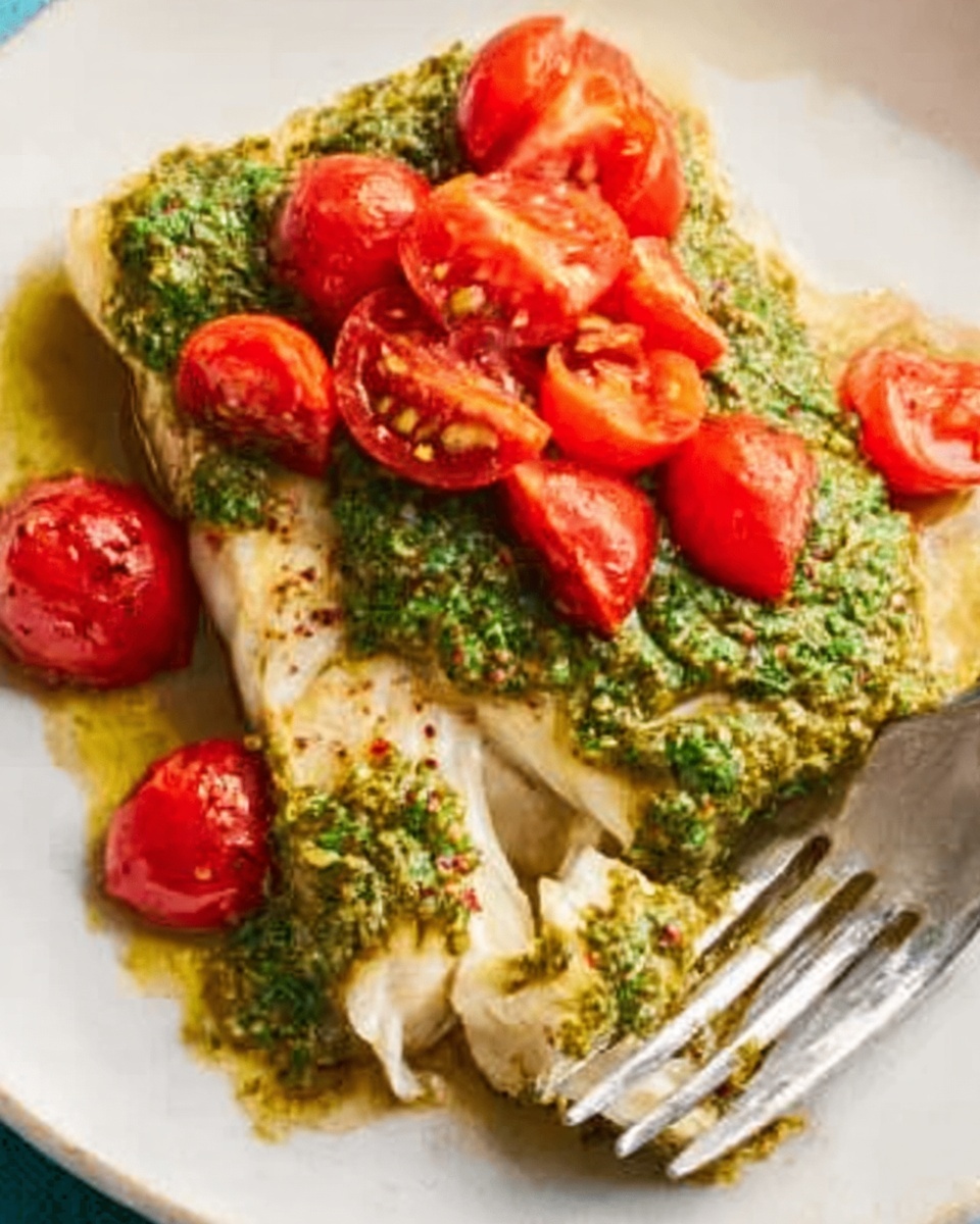 A white plate holds a piece of cooked fish with a light golden brown color, topped with a thick green sauce that has a slightly chunky texture. On top of the sauce, there are small, halved bright red cherry tomatoes arranged neatly on one side of the fish. A silver fork is placed on the edge of the plate, partly touching the fish. The whole scene is set on a white marbled surface. Photo taken with an iphone --ar 4:5 --v 7