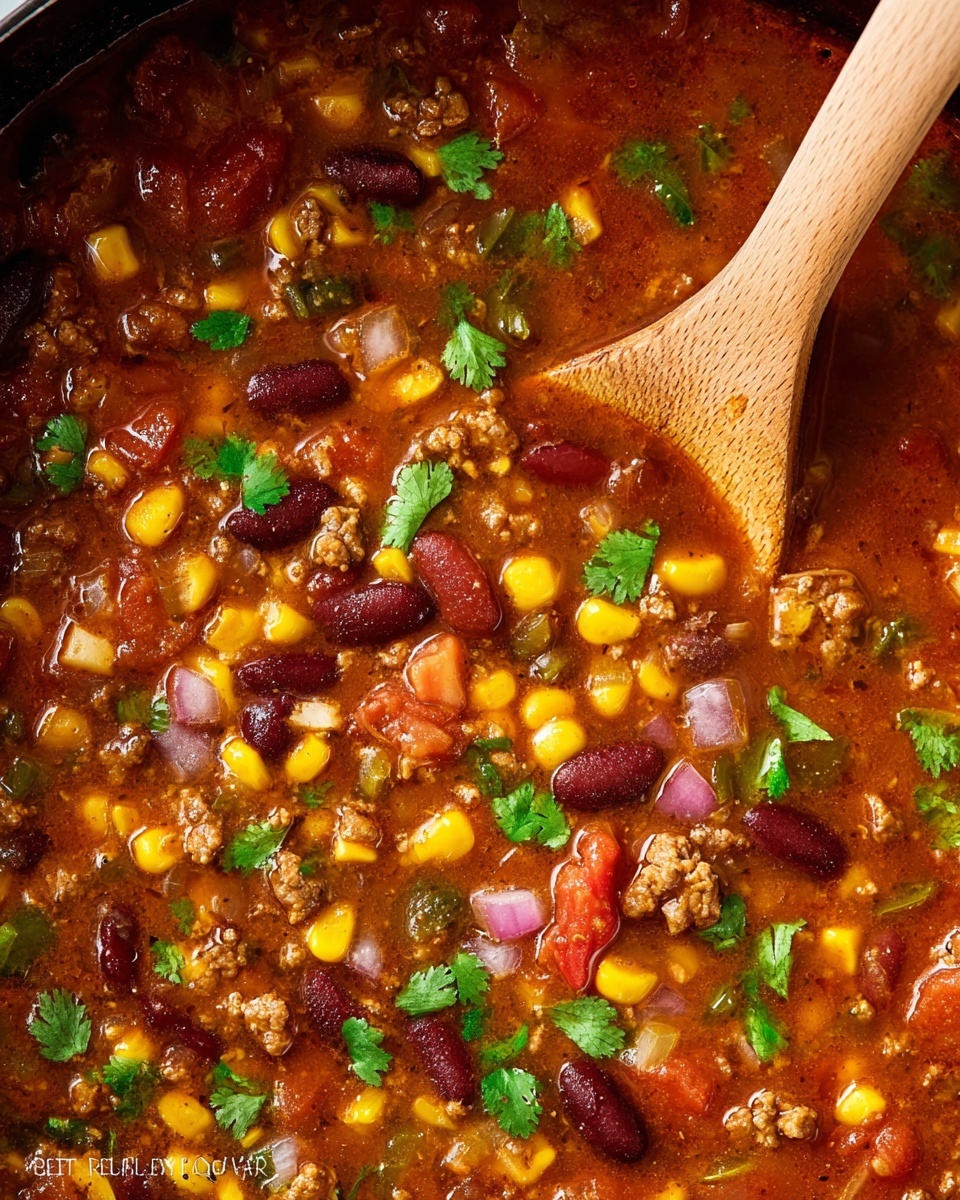 A white bowl filled with thick chili is shown, with a reddish-brown base full of cooked beans, small round meat chunks, and yellow corn kernels. The chili is topped with shredded yellow and white cheese, small pieces of chopped red and white onion, and green cilantro leaves scattered on top. In the background, there is another white bowl with the same chili and a separate small white bowl filled with fresh green cilantro. The bowls sit on a white marbled surface with some light beige tortilla chips partly visible near the bottom left. Photo taken with an iphone --ar 4:5 --v 7