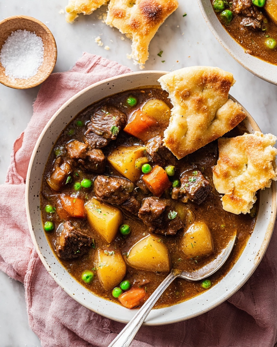 A white bowl filled with a thick stew containing several layers: chunks of dark brown beef, yellow potato pieces with soft texture, bright orange carrot slices, small green peas, and pale celery bits all mixed in a rich brown gravy. A silver spoon rests inside the bowl on the right side. Next to the bowl are pieces of light brown bread with a slightly crispy texture on top, placed on a pink cloth. Part of another similar bowl with stew is visible at the top left. All items are on a white marbled surface. photo taken with an iphone --ar 4:5 --v 7