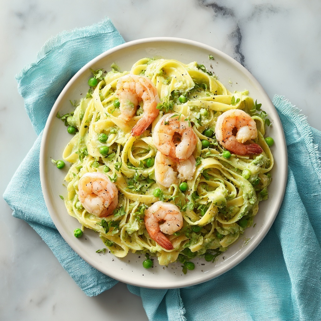 A white plate filled with three layers of green pasta noodles mixed with green peas and small pieces of green vegetables. On top, there are about five cooked pink shrimp evenly placed, showing some light orange color. The plate is set on a white marbled surface with a light blue cloth partially under it. The dish looks fresh and colorful with a mix of green and pink shades, and some small green herbs sprinkled on the pasta. photo taken with an iphone --ar 4:5 --v 7