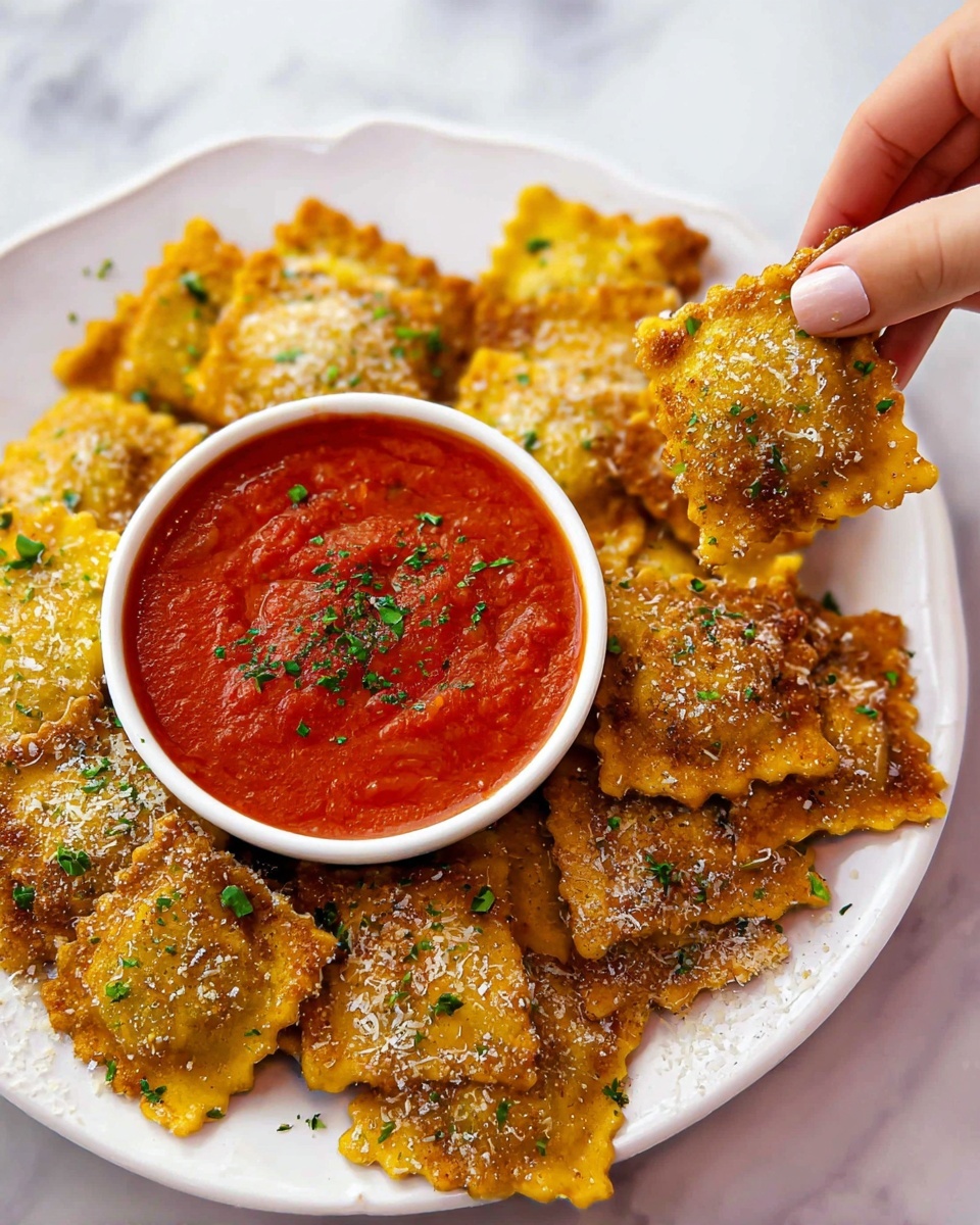 A white round plate holds a stack of golden-brown fried ravioli with a crispy texture and browned spots on the surface. Each ravioli is square with scalloped edges, sprinkled with small green parsley leaves and fine grated Parmesan cheese. On the left side of the plate, there is a small white bowl filled with a thick red marinara sauce topped with bits of green herbs. The plate is placed on a white marbled texture surface. photo taken with an iphone --ar 4:5 --v 7