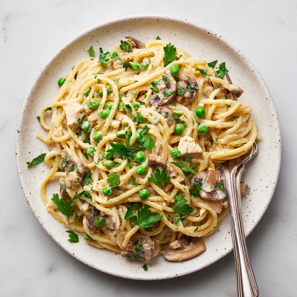 A round white plate with small brown speckles holds a serving of pasta with thick, pale yellow noodles mixed with light brown cooked mushrooms and small bright green peas. The pasta is coated lightly in a creamy sauce with small bits of what looks like light beige chicken or tofu, topped with fresh green parsley leaves for garnish. A silver fork is stuck into the pasta at the top right of the plate. The plate sits on a white marbled surface. photo taken with an iphone --ar 4:5 --v 7