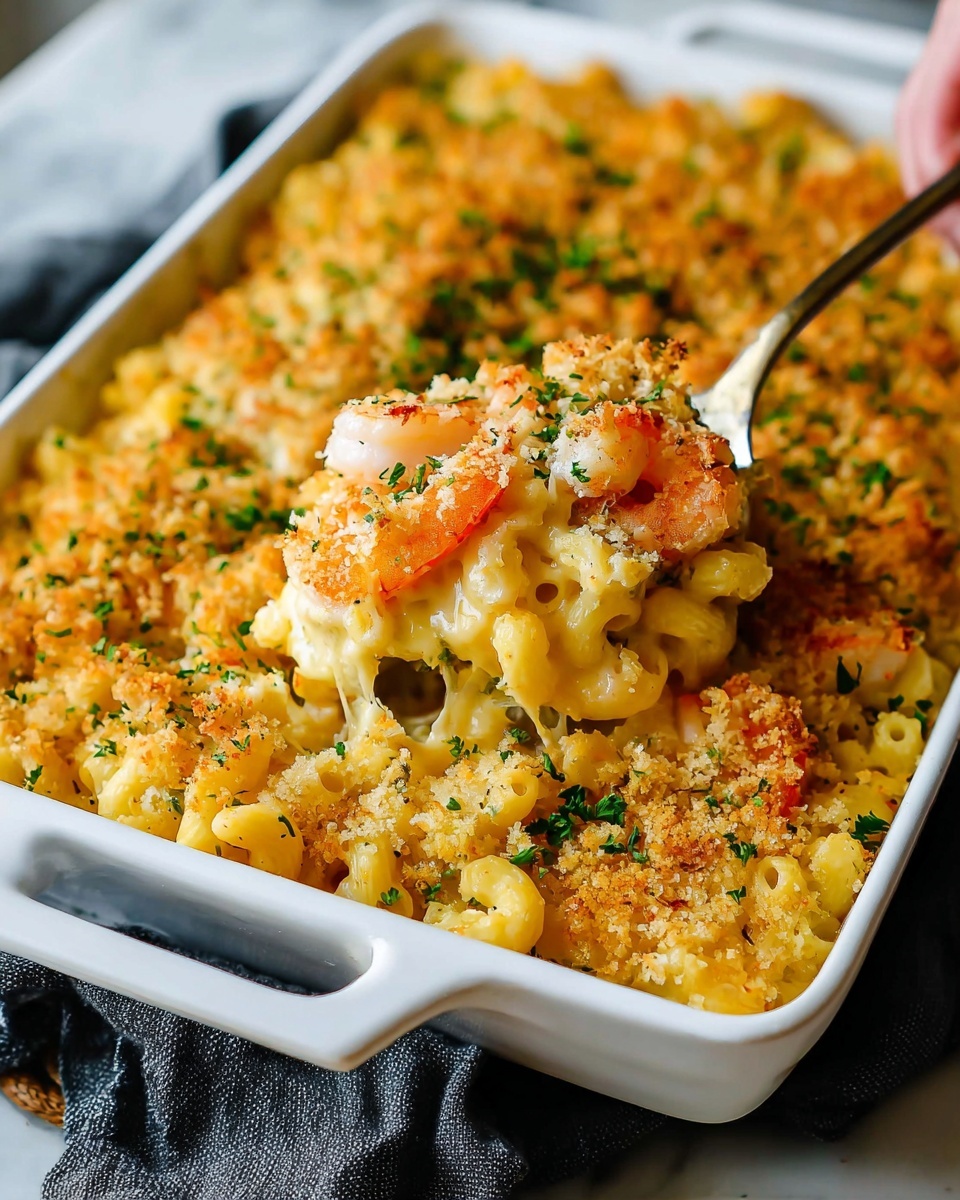 The dish is a baked macaroni and cheese served in a white rectangular baking dish. It has three layers: the bottom layer is golden-yellow macaroni covered in creamy melted cheese, the middle layer features scattered pieces of grilled shrimp with light pink and orange color and slight char marks, and the top layer is a crunchy, golden breadcrumb crust sprinkled with finely chopped green herbs. A woman's hand is holding a spoon lifting a portion, showing the thick, cheesy texture combined with the crispy topping. The dish is placed on a white marbled surface with a dark cloth nearby. Photo taken with an iphone --ar 4:5 --v 7