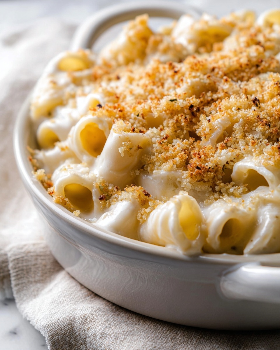 The image shows a white oval dish filled with baked macaroni and cheese. The top layer is golden brown with some dark toasted spots, made by a creamy cheese sauce bubbling around large pasta tubes. There is a crunchy breadcrumb layer in the center with a mix of golden and light brown crumbs. The dish is placed on a dark gray textured cloth over a white marbled surface. A silver spoon is partially inside the dish, scooping out some of the creamy pasta on the lower right side. Photo taken with an iphone --ar 4:5 --v 7