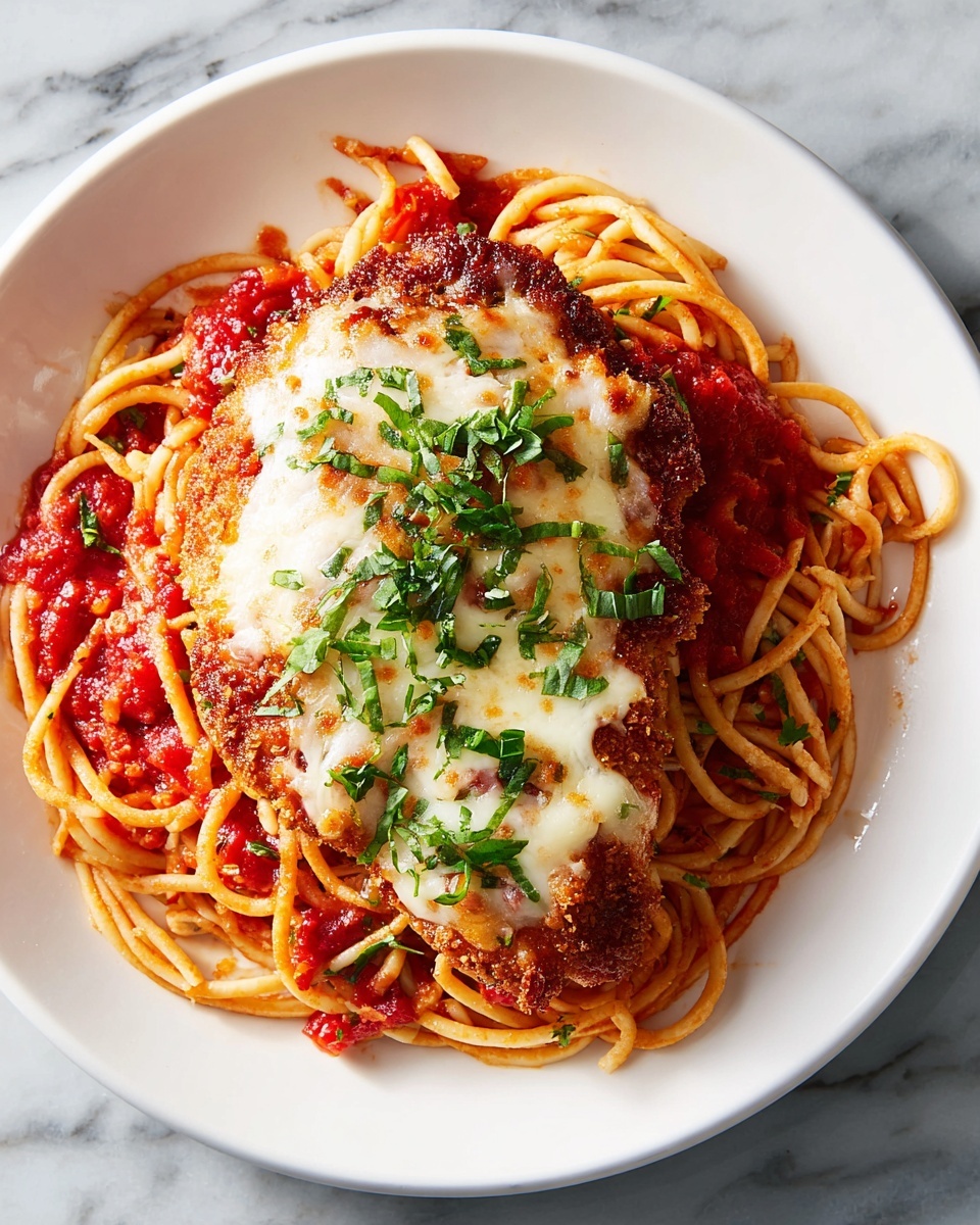 A white plate holds a bed of twisted spaghetti noodles mixed with red tomato sauce, some sauce spread around the noodles and some pooled under the main piece. On top of the noodles is one thick piece of breaded fried chicken covered with melted, slightly browned white cheese and scattered fresh green herbs. The whole dish rests on a surface with white marbled texture. photo taken with an iphone --ar 4:5 --v 7