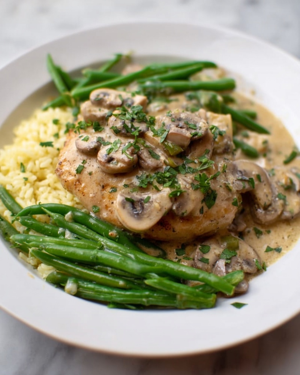 A white plate holds a dish with three main layers: the first layer is a bed of bright green beans, arranged side by side and showing a fresh, crisp texture. On top of the green beans lies a single piece of light golden chicken, slightly browned on the edges. The chicken is covered with a creamy sauce that has a pale beige color, mixed with sliced mushrooms scattered evenly across it. The mushrooms are light brown and look soft. Fresh green parsley is sprinkled over everything, adding a touch of color and freshness. The plate is on a white marbled surface. Photo taken with an iphone --ar 4:5 --v 7