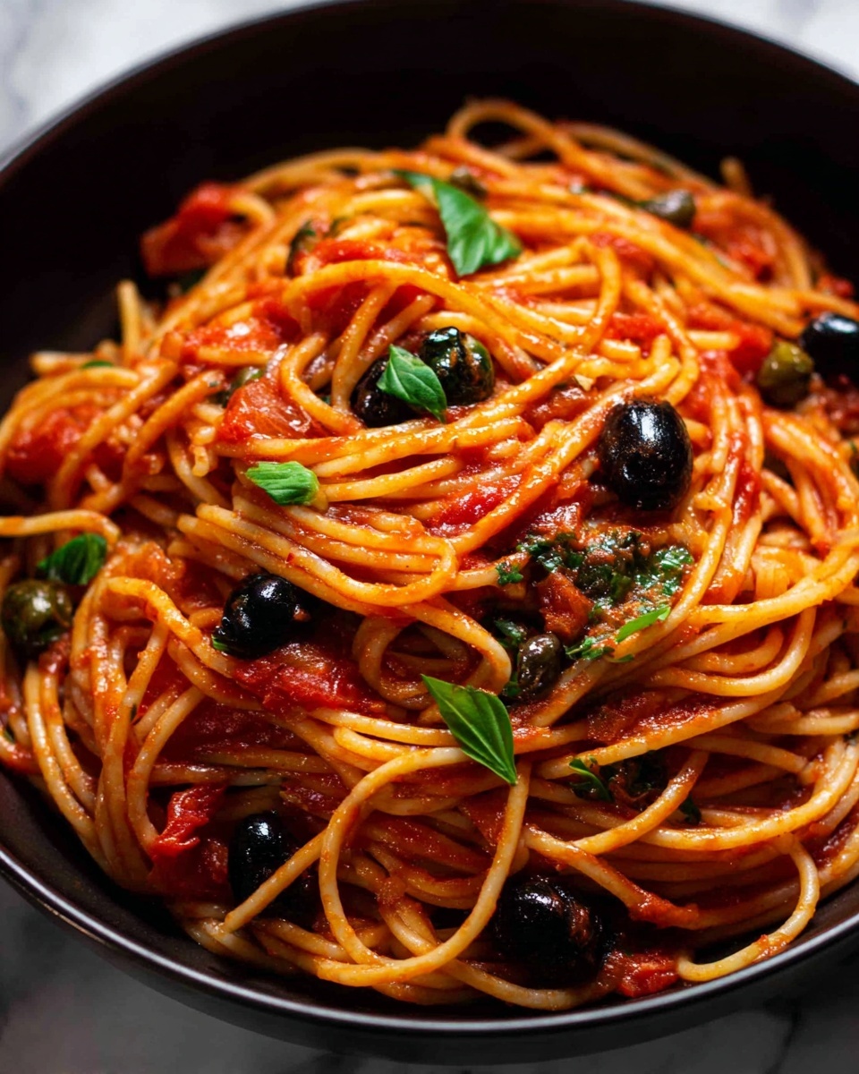 A close-up view of a black bowl filled with spaghetti coated in red tomato sauce with visible chunks of tomato, black olives, and capers mixed in. The spaghetti strands are intertwined and slightly shiny, soaked with sauce. Small green basil leaves are scattered on top, adding a fresh contrast. The bowl sits on a white marbled surface that softly reflects light. Photo taken with an iphone --ar 4:5 --v 7