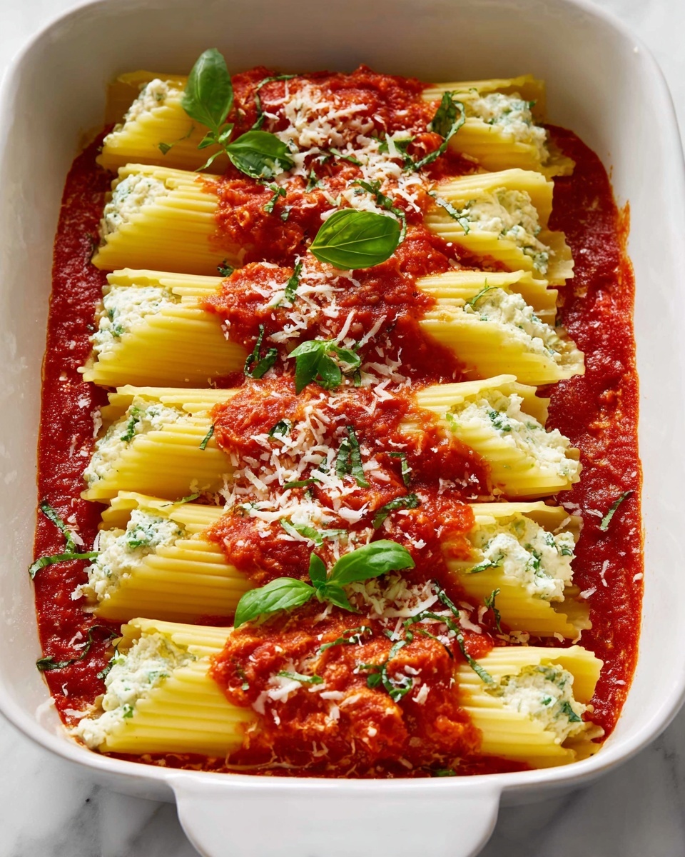 The image shows a white rectangular baking dish with five large pasta shells lined up closely. Each shell is stuffed with a creamy cheese filling and lightly textured. A rich red tomato sauce covers the shells partially, and some fresh green basil leaves are scattered on top. There is also a sprinkling of shredded cheese on the dish. A silver fork is lifting one shell from the dish, showing the thick sauce and filling inside. The dish rests on a white marbled surface, and some green basil sprigs are placed nearby. Photo taken with an iphone --ar 4:5 --v 7