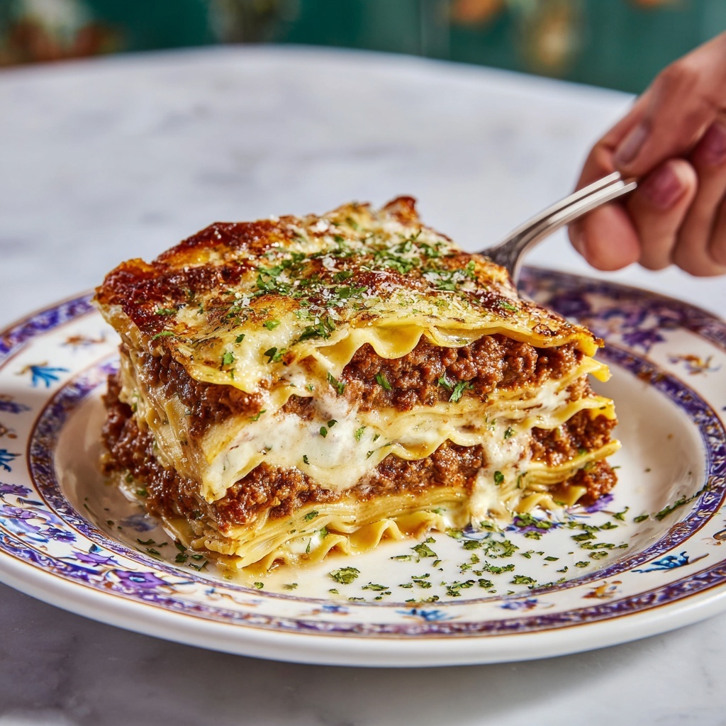 A close-up of a thick piece of lasagna on a white plate decorated with blue and purple floral patterns. The lasagna has about four visible layers: a rich brown meat sauce on top, a melted light yellow cheese layer beneath it, followed by a wavy pasta layer with a creamy white sauce underneath, and another pasta layer at the bottom. Small green herb pieces are sprinkled over the top and around the plate. A woman's hand holds a fork resting on the plate near the lasagna, and the background is softly blurred with hints of green and brown. The scene is set on a white marbled surface. photo taken with an iphone --ar 4:5 --v 7