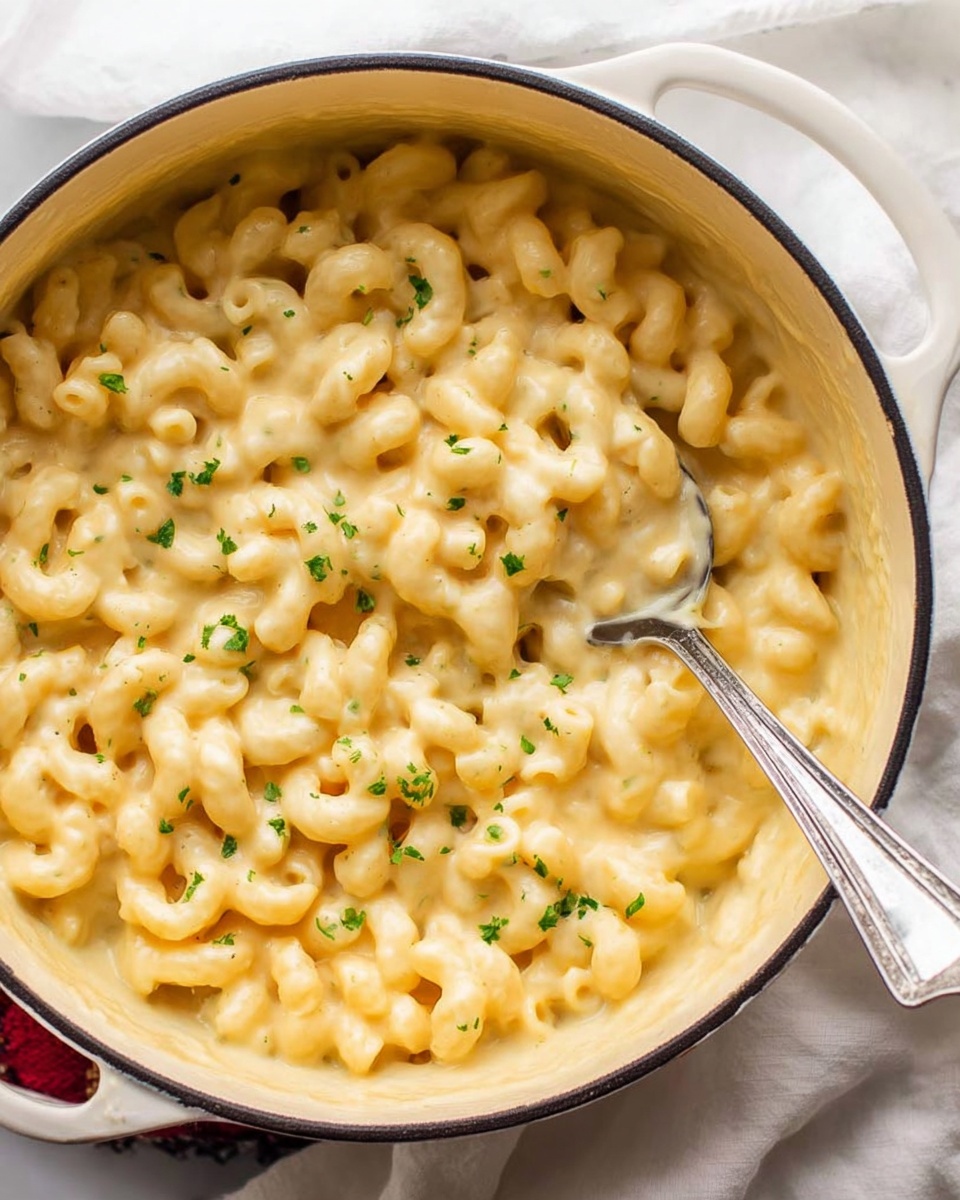 A white bowl with a blue rim holds creamy macaroni and cheese with curly pasta covered in a smooth, pale yellow cheese sauce. Small green herb pieces are sprinkled on top, adding a fresh touch. A silver spoon stands in the bowl, resting at an angle. The bowl sits on a white plate with a blue rim, placed on a soft white cloth on a white marbled surface photo taken with an iphone --ar 4:5 --v 7