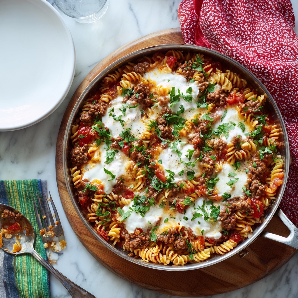 A large silver pan filled with a baked pasta dish made of small spiral noodles in a red tomato sauce mixed with melted white cheese that stretches from the pan to a silver spoon lifting some pasta. The pasta top is sprinkled with green herbs and bits of meat mixed in, showing a slightly browned cheese layer with sauce underneath. The background is a white marbled surface with folded gray and red cloths visible near the pan. Photo taken with an iphone --ar 4:5 --v 7