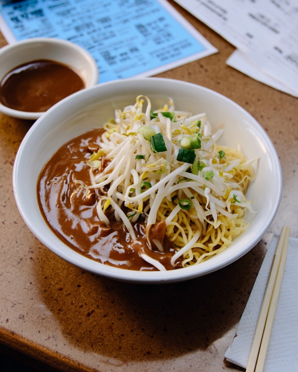 A white bowl holds a dish with three main layers: at the bottom, light yellow noodles form the base; spread unevenly on top is a smooth, rich brown sauce that covers much of the noodles; the top layer consists of fresh white and yellow bean sprouts mixed with small green onion pieces scattered across. On the right side of the bowl, two light-colored chopsticks rest on a white marbled surface, and a small white dish filled with a dark brown sauce sits to the left. In the background, blue papers with text and numbers are partially visible. photo taken with an iphone --ar 4:5 --v 7