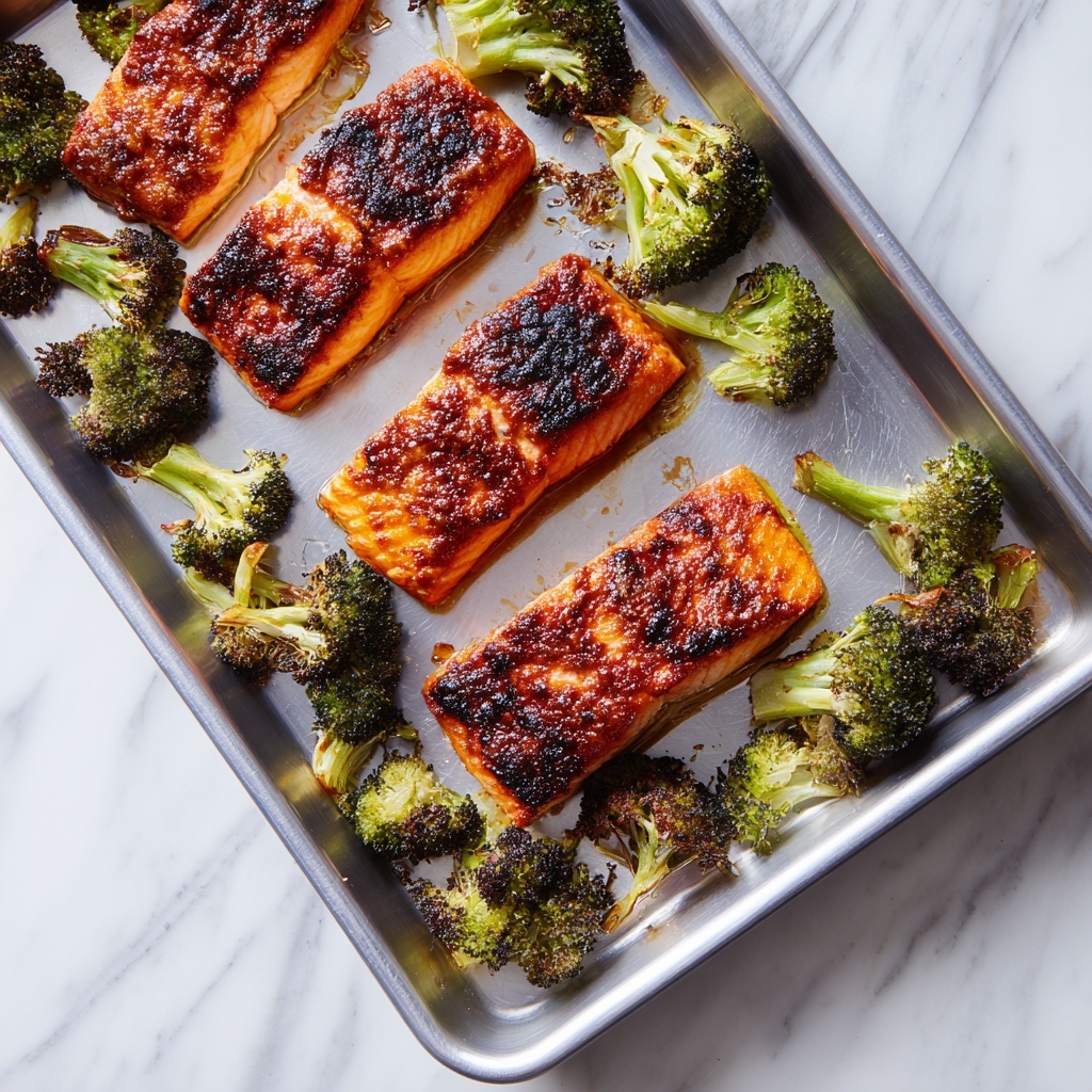 A silver baking tray is shown with four pieces of cooked fish arranged in a row in the center, each piece having a dark golden-brown crispy texture on top with some charred spots. Around the fish, there are many pieces of roasted broccoli with a mix of bright green and some slightly blackened edges spread evenly. The tray sits on a white marbled surface, making the colors of the food stand out clearly. photo taken with an iphone --ar 4:5 --v 7