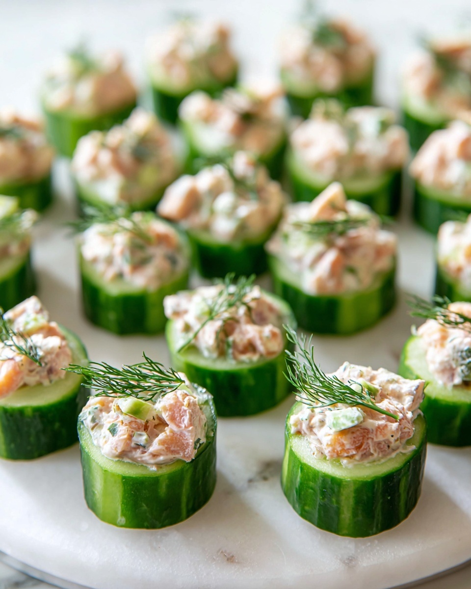 The image shows a close-up of small cucumber rounds arranged on a white plate, each topped with a creamy mixture that appears to have small chunks of light orange salmon and purple-red onion pieces. The cucumber slices have a fresh green outer layer with a moist, pale green inner core. Each topping dollop is garnished with a small sprig of fresh dill, adding a touch of dark green. The white plate has a slightly fluted edge and sits on a white marbled surface. The overall look is fresh, colorful, and appetizing, with about three layers: green cucumber base, creamy salmon topping, and green dill garnish. photo taken with an iphone --ar 4:5 --v 7
