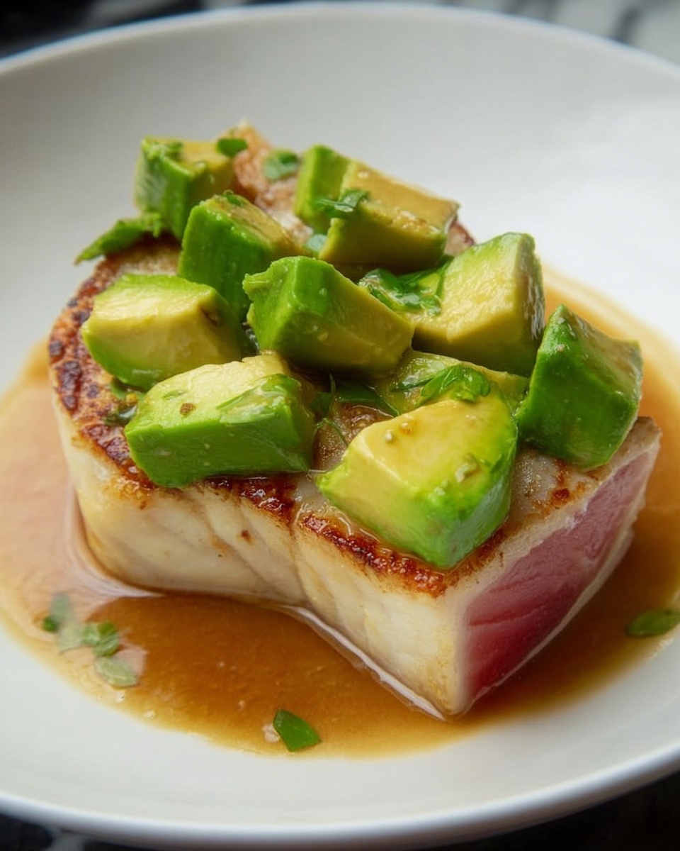 A white plate holds a thick piece of cooked fish with a golden brown seared top layer and a pink center showing slightly at the base; on top and around the fish are multiple chunky pieces of bright green avocado with smooth, slightly shiny texture. The plate sits on a white marbled surface with a small pool of light brown sauce partially around the fish, adding depth and shine to the dish. photo taken with an iphone --ar 4:5 --v 7