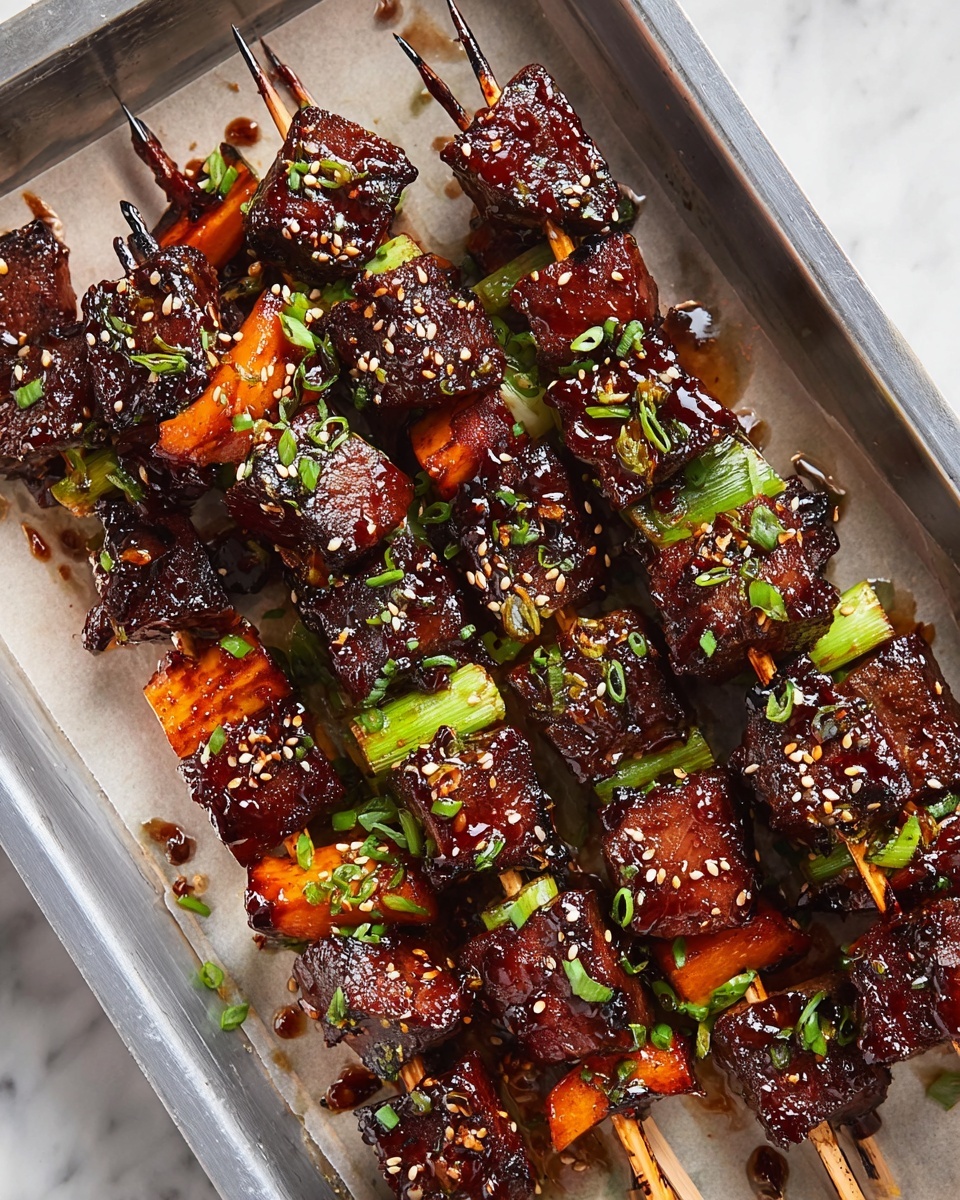 There are 12 metal skewers laid out side by side on a baking tray lined with light brown paper. Each skewer is filled with layers of dark brown glazed meat chunks that have char marks, interspersed with pieces of green spring onions and brown mushroom slices. The meat and vegetables have a shiny, sticky sauce coating them and are sprinkled with white sesame seeds. The baking tray has grey handles on the sides and is placed on a white marbled surface. Photo taken with an iphone --ar 4:5 --v 7
