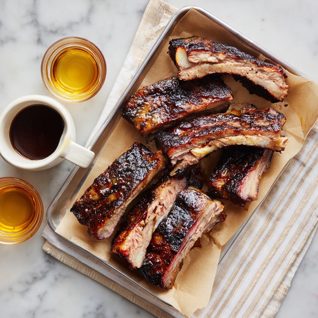 Several ribs with a brown grilled outer layer showing some charred spots are stacked on top of each other in a white tray lined with light brown paper. The ribs have a juicy, textured interior seen in some pieces. Around the tray, there are small white bowls filled with dark brown and amber liquids, placed on a white marbled surface. A beige and grey striped cloth is folded next to the tray. The photo taken with an iphone --ar 4:5 --v 7