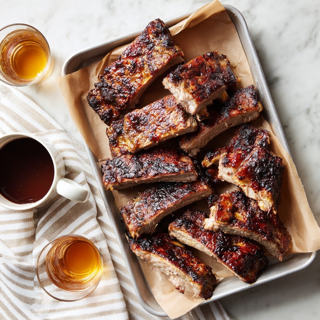 A metal tray lined with light brown parchment paper holds a pile of grilled pork ribs, showing a mix of golden brown and darker charred spots on the meat, with some pieces exposing the light bone inside. On the right side of the tray is a small white bowl filled with a dark, glossy dipping sauce that has a few red chili flakes floating on top. The tray sits on a white marbled surface partly covered by a light beige and gray striped cloth. Around the tray are three clear glasses filled with golden amber liquid topped with light foam. photo taken with an iphone --ar 4:5 --v 7