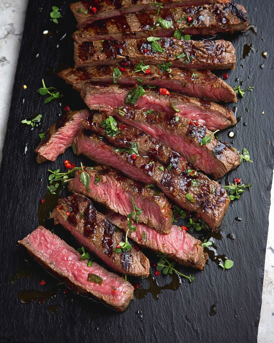 A black slate board holds several slices of grilled steak arranged in two rows with the top row showing a darker brown, charred exterior and the bottom row revealing the pinkish, slightly red interior of the meat. The steak slices vary in thickness and have visible grill marks. Bright green chopped herbs and scattered red chili flakes are sprinkled generously over both the steak and the white marbled surface around the board. A white cloth is partially visible on the right side. photo taken with an iphone --ar 4:5 --v 7