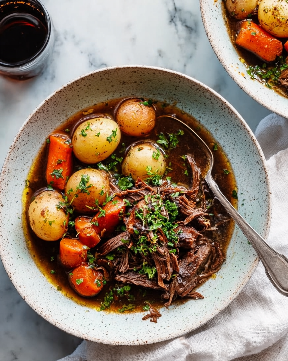 The image shows a white speckled bowl filled with a layered stew. At the bottom, there is a dark brown broth. On top of the broth, there are small round golden potatoes and large, thick orange carrot pieces, arranged around the edges. In the center, there is a pile of shredded dark brown meat. The stew is garnished with bright green herbs scattered across the top. A silver spoon rests inside the bowl on the right side. The bowl sits on a white marbled surface with a soft white cloth near it. Photo taken with an iphone --ar 4:5 --v 7