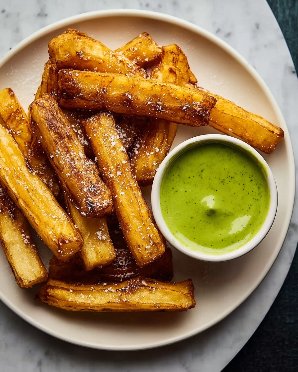 A white plate holds about ten thick, golden-yellow fried yuca sticks arranged loosely, each stick showing a crispy, textured surface with slight browning on edges. The yuca is topped with small white granules of salt and bits of black pepper, scattered unevenly over the sticks. The plate rests on a white marbled surface, and bright sunlight casts sharp shadows, highlighting the crunchy texture and warm color of the yuca. photo taken with an iphone --ar 4:5 --v 7
