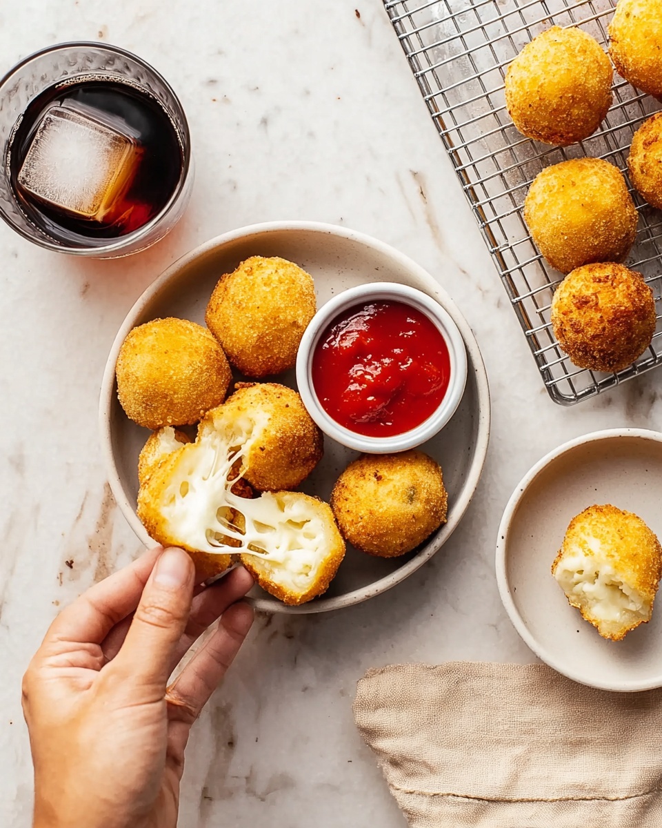 A woman's hand is holding a golden brown fried ball split open, showing white melted cheese stretching inside. The ball is one of seven placed inside a round white bowl with a small white cup filled with bright red ketchup at the center. To the right, a white bowl contains one whole fried ball and a split one, showing white cheese inside. In the top right, a silver wire rack on a white marbled surface holds more fried balls. On the left, a clear cup with dark liquid and a large ice cube is placed on the white marbled surface. A light beige cloth is partially visible at the bottom right corner photo taken with an iphone --ar 4:5 --v 7