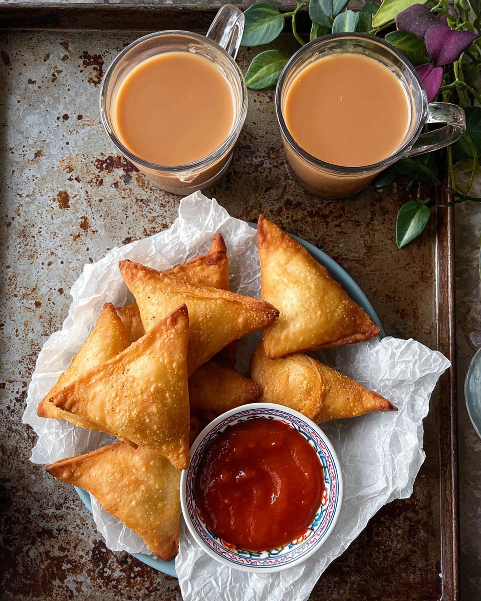 A white plate holds six golden brown samosas arranged in a loose circle on a white marbled surface. Five samosas are whole, showing crisp, flaky triangular layers, and one samosa is cut open, revealing a filling of small, soft, light brown pieces with darker spots inside. In the middle of the plate, there is a small white bowl filled with thick, bright red sauce. A woman's hand is holding one samosa dipped halfway into the sauce. The plate is lined with white paper under the samosas. Photo taken with an iphone --ar 4:5 --v 7