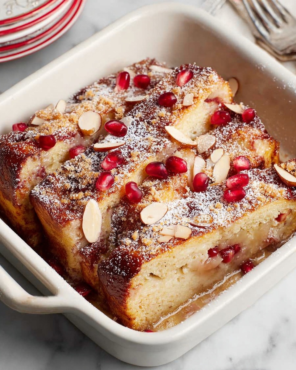 The image shows a close-up of a baked dessert in a white square baking dish placed on a white marbled surface. The dessert has several layers of golden brown toasted bread slices tightly packed together, drizzled with a rich, slightly glossy chocolate or caramel sauce on top. There are thinly sliced almonds sprinkled over the surface, along with small, bright red pomegranate seeds scattered across, adding color contrast. A light dusting of powdered sugar is spread evenly, creating a soft white layer on the top edges of the dessert. The texture of the bread looks soft yet crisp on the edges, and the topping appears slightly cracked and baked. Photo taken with an iphone --ar 4:5 --v 7