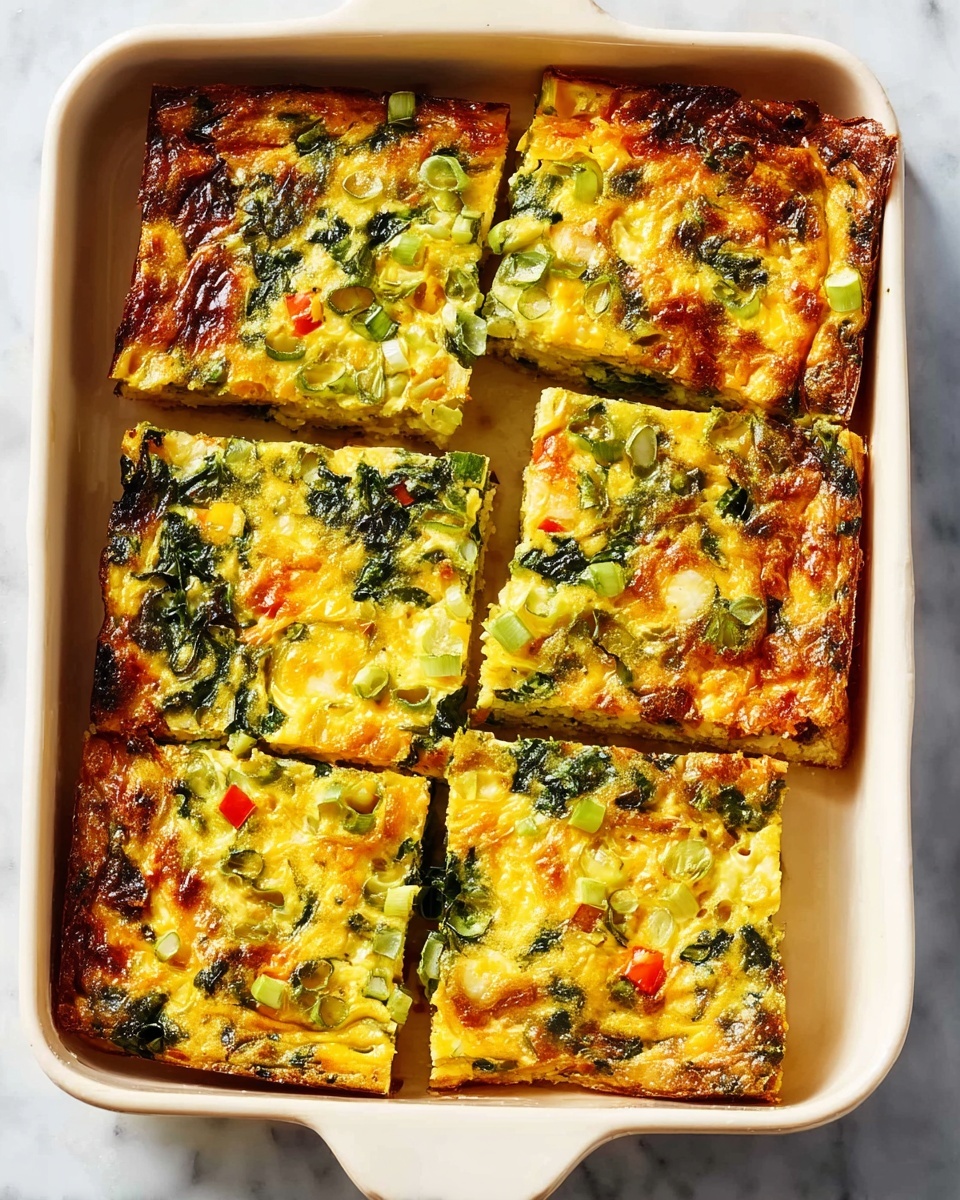 A white rectangular baking dish filled with a cooked egg bake, cut into six square pieces. The top layer is golden brown and slightly crispy, with visible chunks of green leafy vegetables, red bell pepper pieces, and melted cheese scattered throughout. The inside appears soft and moist with layers of green herbs and vegetables mixed evenly through the egg base. The dish rests on a white marbled surface, and a woman's hand is gently holding the handle of the baking dish. Photo taken with an iphone --ar 4:5 --v 7
