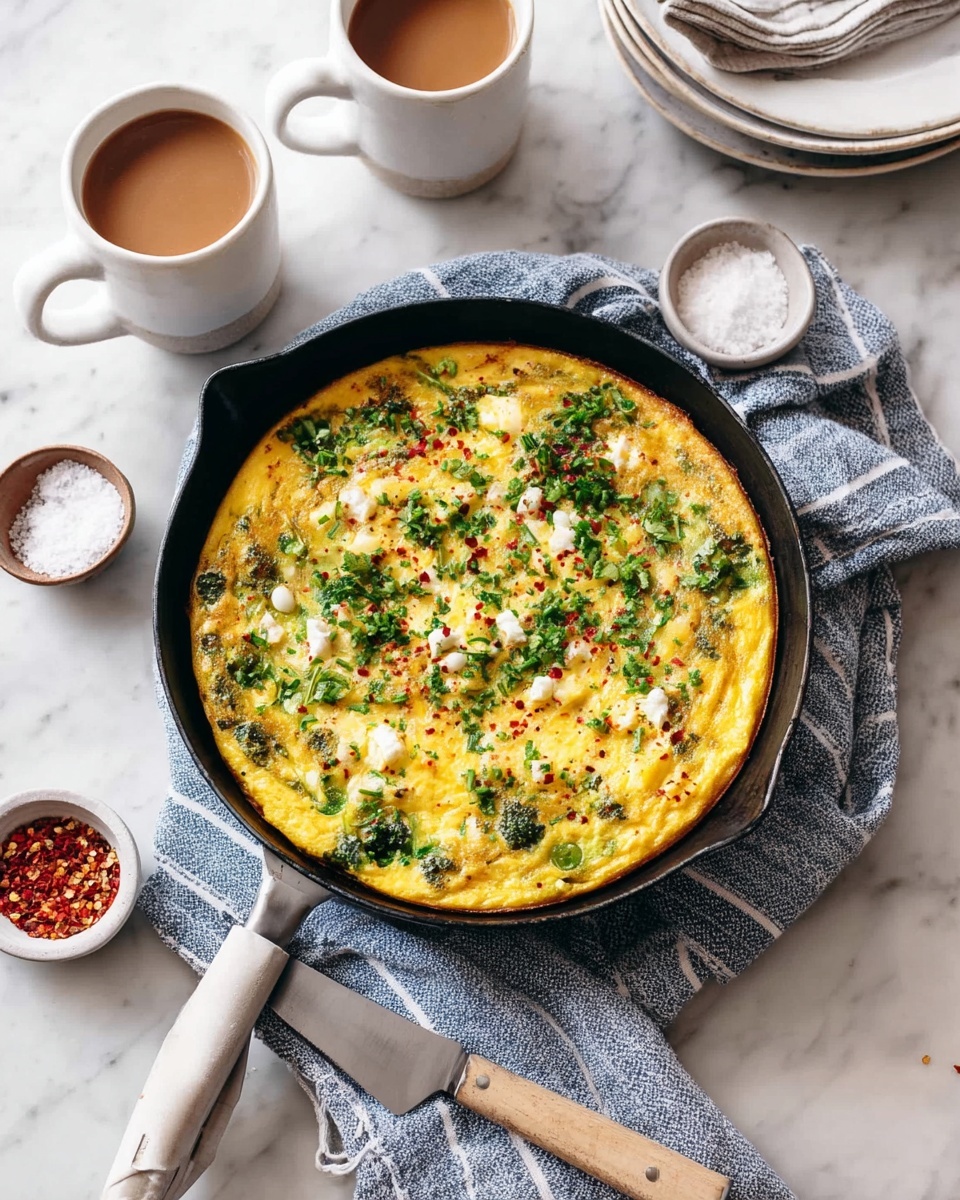 A round yellow frittata in a black skillet, topped with green herbs and small white cheese pieces, with some red pepper flakes sprinkled over it. The skillet rests on a blue and white striped cloth over a white marbled surface. Around the skillet, there is a white cup with brown coffee and a spoon inside, a white cup with light brown frothy coffee, a small white bowl with red pepper flakes, and a small white bowl with salt. In the background, there are stacked white plates with folded cloth napkins and two forks on top, along with a knife with a light wood handle lying on the white marbled surface. Photo taken with an iphone --ar 4:5 --v 7