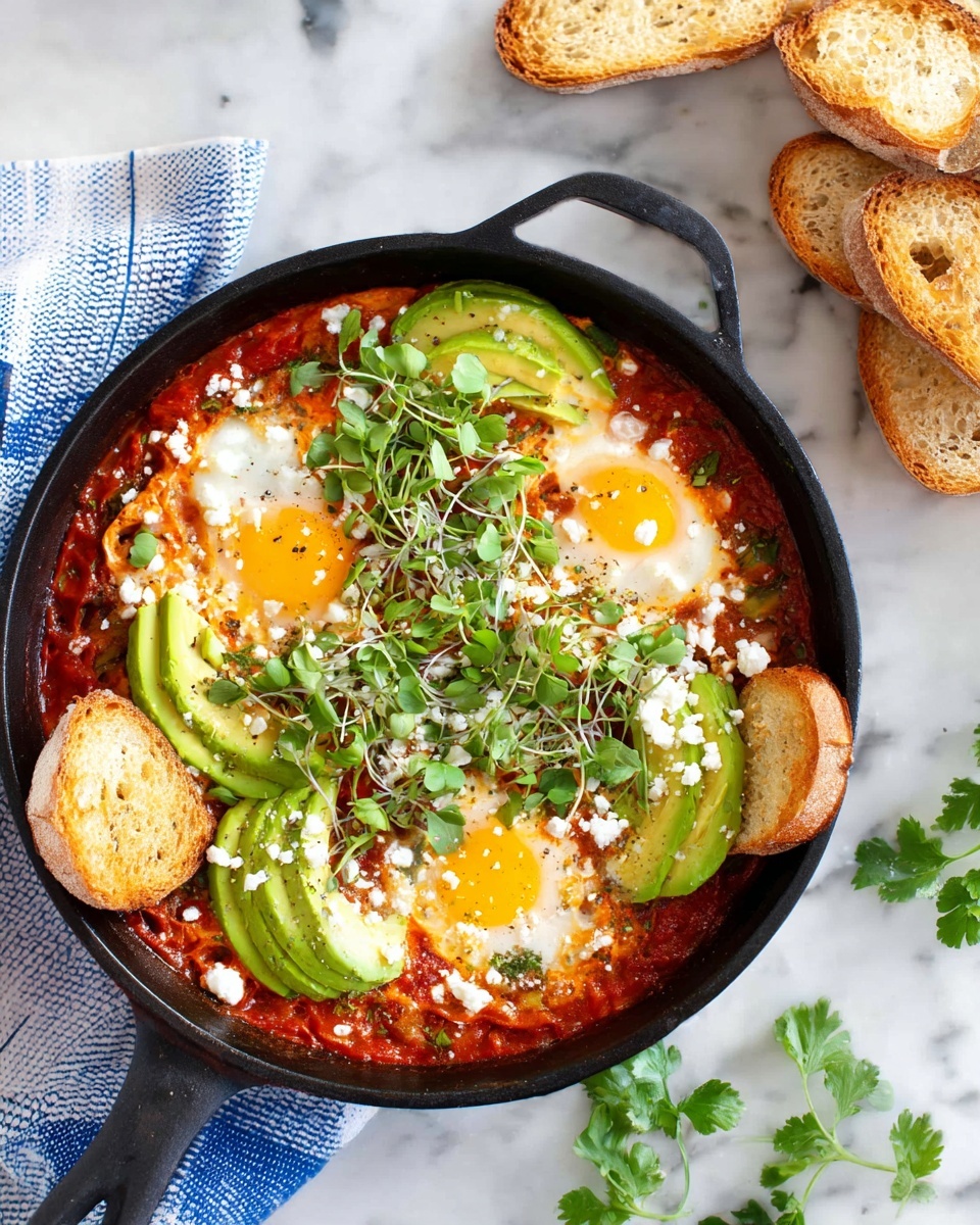 A black skillet sits on a white marbled surface, filled with a colorful dish featuring three sunny-side-up eggs with bright yellow yolks spread evenly across a thick layer of rich red tomato sauce. On top of the eggs and sauce, there are several slices of bright green avocado positioned in small clusters around the pan. The dish is sprinkled with white crumbled cheese and fresh green herbs, including leafy parsley and small microgreens, adding texture and color contrast. On one side of the skillet, there are slices of light golden toasted bread leaning against the edge. A folded blue and white checkered cloth is partly visible under the pan. Photo taken with an iphone --ar 4:5 --v 7