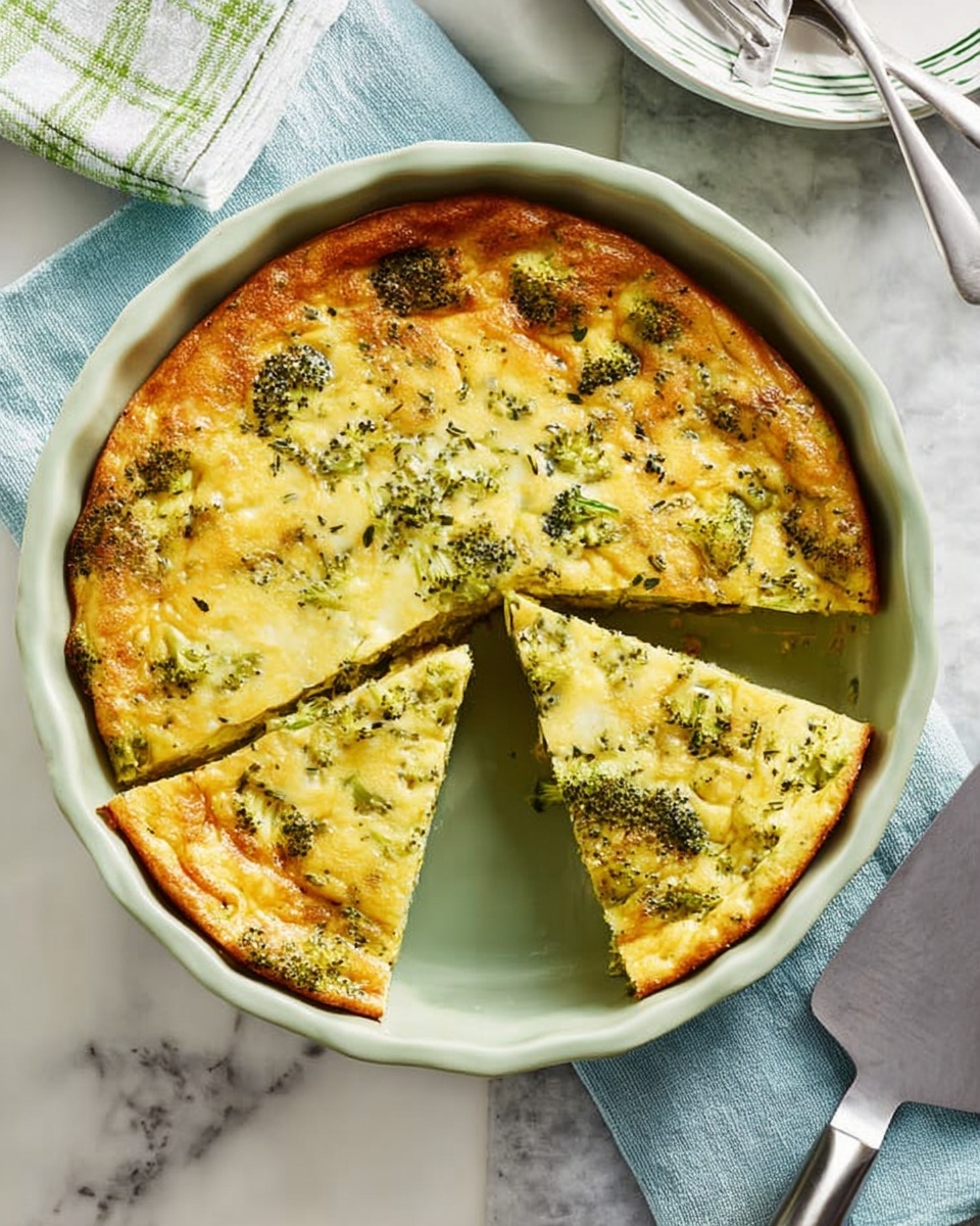A round baked dish in a white ceramic baking dish with a golden brown crust around the edges. Inside, there are green broccoli pieces spread evenly on the surface mixed with melted cheese that is a creamy yellow and slightly browned in spots. The top is sprinkled with small bits of herbs, adding dark green and black flecks. The baked dish looks fluffy and soft in the middle with a slightly firm outer ring. The white marbled texture background contrasts with the warm colors of the food. photo taken with an iphone --ar 4:5 --v 7