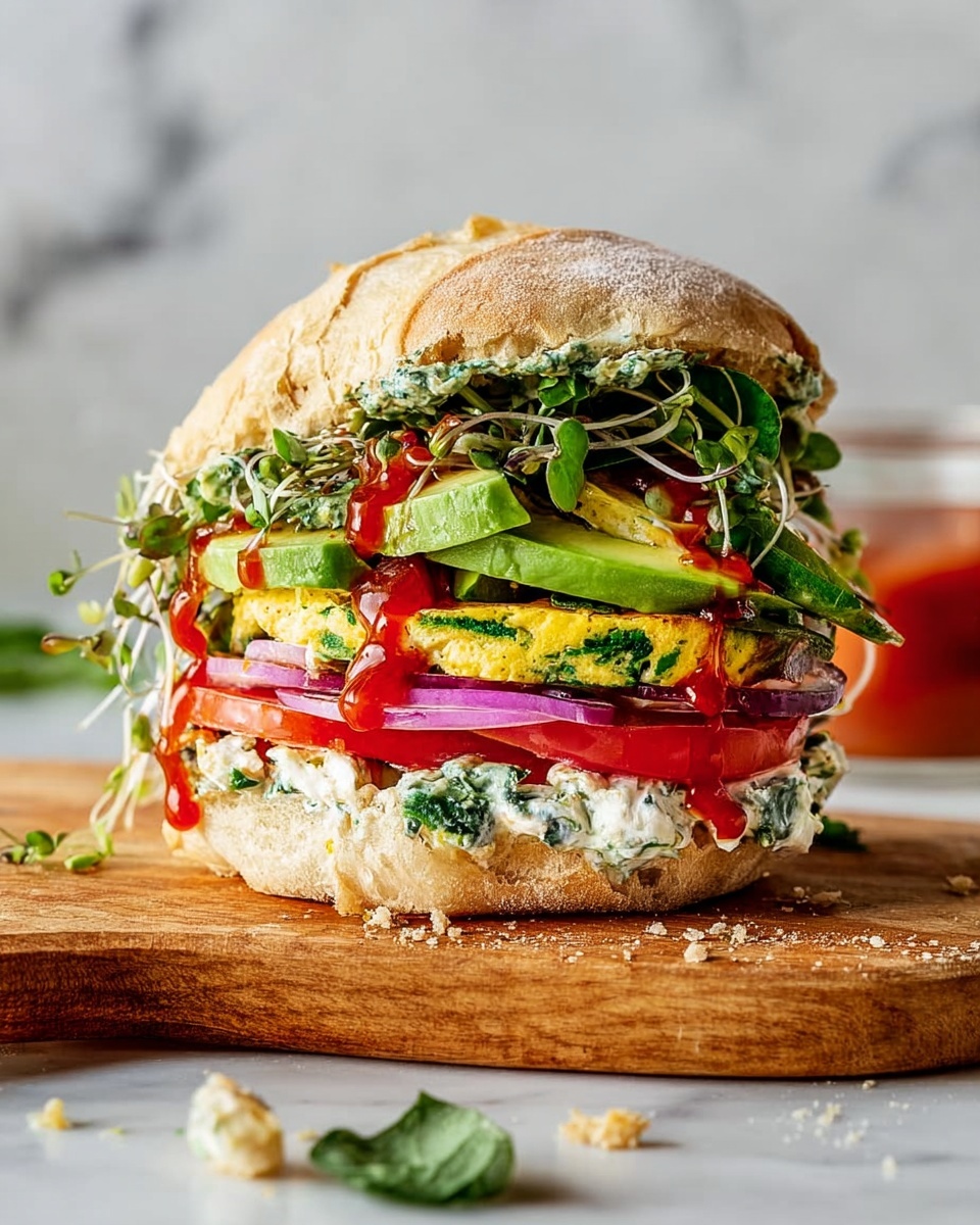 A sandwich with a soft, round top and bottom bun, light tan and slightly cracked. Starting from the bottom, there is a white creamy spread with green herbs, a thick slice of red tomato, thin purple onion slices, a green and yellow spinach omelet layer with a slightly shiny cooked texture, a thick bright green avocado slice, fresh green leafy sprouts, and a drizzle of red hot sauce on the omelet. The top bun sits tilted, showing a bit of the green herb cream spread. The sandwich is placed on a wooden board with crumbs and small leaves scattered around, all on a white marbled surface. Photo taken with an iphone --ar 4:5 --v 7