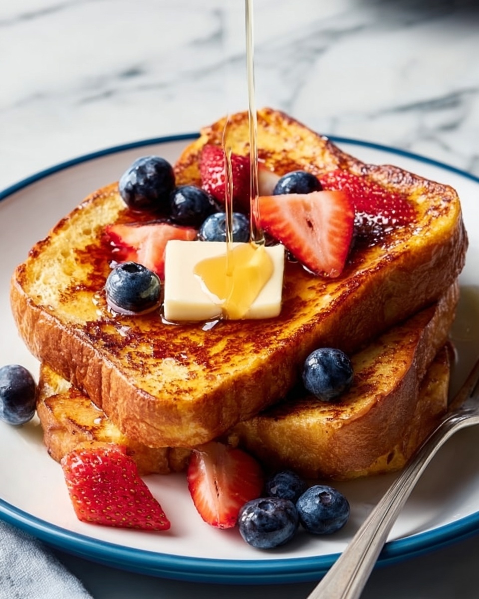 Two slices of golden-brown French toast stacked on a white plate with a blue rim, topped with a small square of butter melting on the top slice. Fresh strawberries and blueberries are scattered on and around the toast, with a woman's hand pouring syrup over the top, causing it to drip down the sides. A silver fork rests on the right side of the plate. The whole scene is set on a white marbled surface. photo taken with an iphone --ar 4:5 --v 7