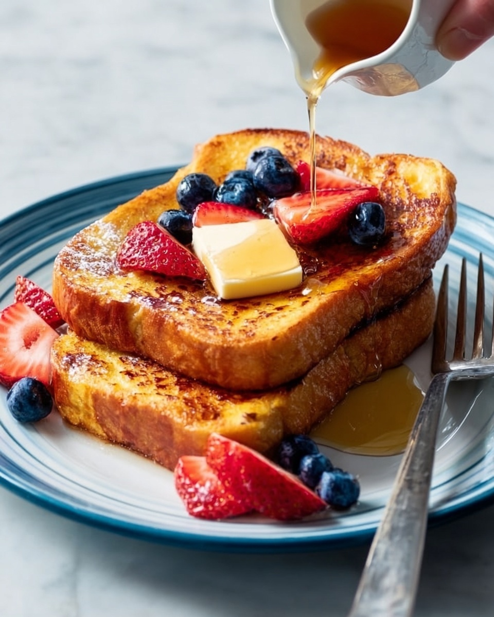 Two thick slices of golden brown French toast are stacked on a white plate with a blue rim, each slice showing a slightly crispy texture on the edges. On top of the stack, there is a square of butter melting slowly, surrounded by fresh blueberries and halved strawberries scattered over both slices. A thin stream of syrup is being poured from above, shining on the toast and fruit. A silver fork rests on the side of the plate. The background is a white marbled surface. Photo taken with an iphone --ar 4:5 --v 7