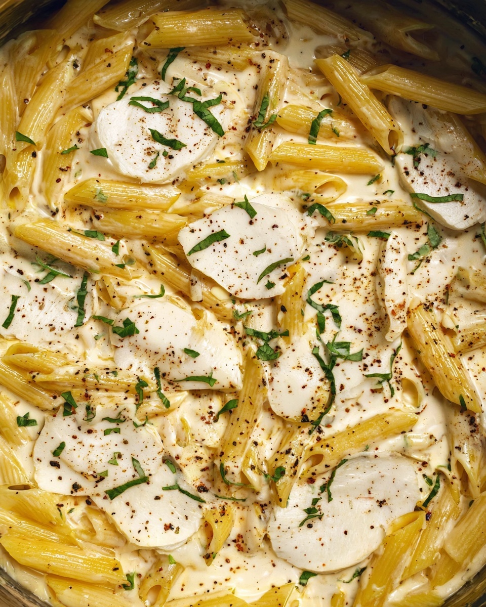 The image shows a close-up of a creamy pasta dish in a pot. The bottom layer is yellow cooked penne pasta, covered with a thick white sauce. On top of the sauce are thin white cheese slices, black pepper specks, and small pieces of bright green herbs scattered evenly across the surface. The sauce looks smooth and rich, surrounding the pasta pieces with a shiny texture. Photo taken with an iphone --ar 4:5 --v 7