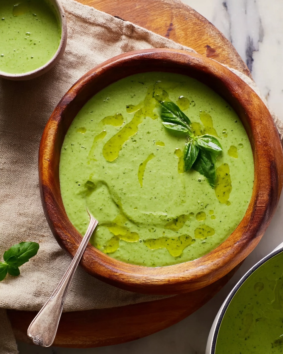 A round wooden bowl filled with thick, bright green soup, garnished with three fresh green basil leaves and a drizzle of olive oil on top, a silver spoon is partially dipped into the soup. The bowl sits on a soft beige cloth over a wooden surface. To the right, there is a large metal pot filled with the same green soup with a ladle resting inside it, and above, a small white bowl with green olive oil and a wooden spoon lay on the wooden surface. The background has a white marbled texture. photo taken with an iphone --ar 4:5 --v 7