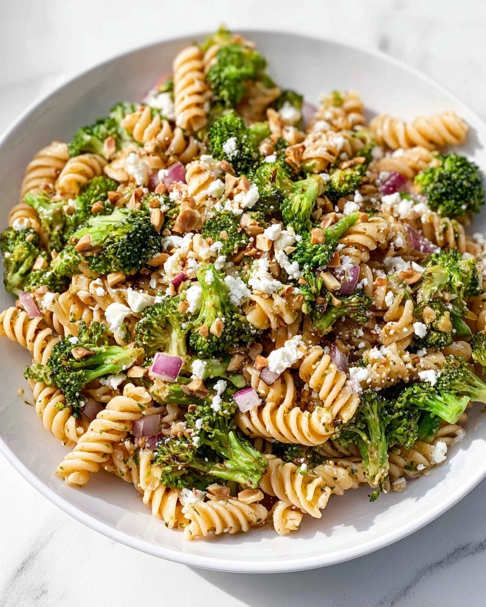 A large white oval plate filled with twisted rotini pasta mixed with bright green broccoli florets and small pieces of red onion layered evenly throughout. Tiny white crumbles, possibly cheese, are scattered on top along with some grains or seeds adding texture. Two black utensils lie on the right side of the plate. To the left on the white marbled surface is a small round white bowl filled with light brown sunflower seeds, and three fresh broccoli florets are placed on the marbled surface near the bottom right of the plate. photo taken with an iphone --ar 4:5 --v 7