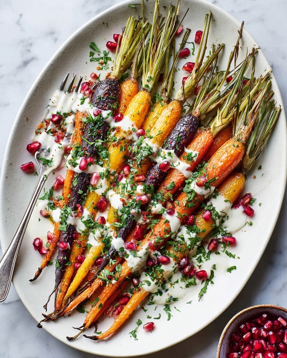 A white oval plate is filled with about two layers of roasted carrots, each layer showing a mix of orange, purple, and pale yellow carrots with slightly charred and wrinkled skin. The carrots are topped with finely chopped fresh green herbs, scattered evenly over the vegetables. On the top left side of the plate, two silver forks rest, one slightly overlapping the other, on a white marbled surface background. The photo is bright with natural light, highlighting the carrots' roasted texture and the fresh herbs' vibrant green color photo taken with an iphone --ar 4:5 --v 7