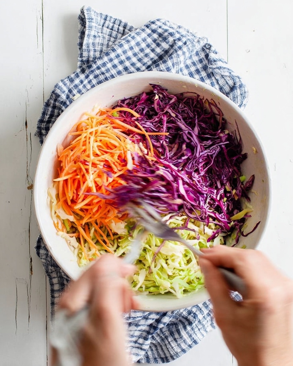 A white bowl filled with coleslaw showing three main layers: thin strands of white cabbage as the base, bright orange carrot ribbons mixed throughout, and scattered deep purple cabbage pieces. The coleslaw looks light and fresh with small green bits sprinkled in, two metal spoons rest inside the bowl, one with a slightly curved shape and the other with wide prongs. Around the bowl, there is a white plate with a sandwich that has a green lettuce leaf, red tomato slices, and purple onion rings layered on a sandwich bun. A small glass jar with yellow mustard and a spoon sits nearby. Also present is a white plate with three grilled, yellow corn on the cob pieces. The whole scene is set on a white marbled surface with soft natural lighting. Photo taken with an iphone --ar 4:5 --v 7