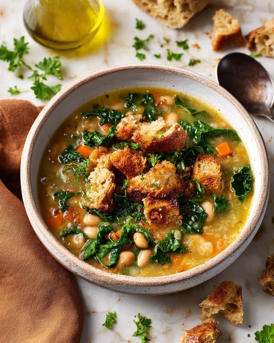 A rustic white bowl filled with a thick soup that has three main layers: the bottom layer is a light yellow broth with a slightly creamy texture, filled with small white beans and diced orange carrots; the middle layer consists of dark green kale leaves scattered evenly throughout the broth; and the top layer has uneven chunks of toasted brown bread with a crunchy texture, sprinkled with fresh green parsley leaves for garnish. The bowl sits on a white marbled surface next to scattered bread pieces and fresh parsley leaves. A silver spoon with a dark brown handle lies behind the bowl, and a clear glass bottle with olive oil is partially visible in the upper left corner. A soft brown cloth is placed to the left of the bowl. photo taken with an iphone --ar 4:5 --v 7