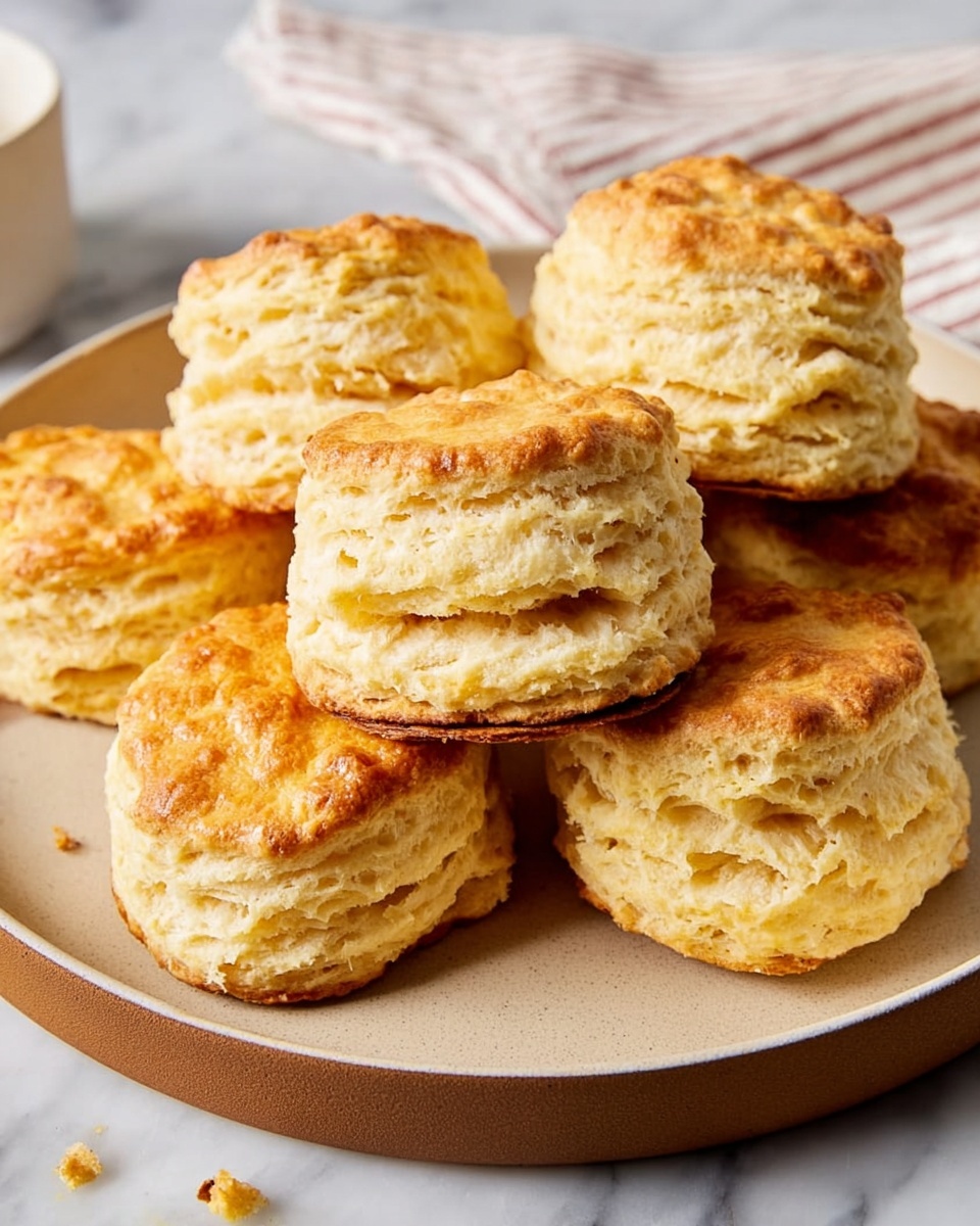 Seven golden brown biscuits with a flaky texture sit on a round white plate. Each biscuit has visible layers, showing soft, slightly crumbly inside with a crisp, lightly browned top. The plate is on a white marbled surface, and a blue and white striped cloth is partially visible in the background. Small crumbs are scattered around the biscuits, adding to the fresh-baked look. photo taken with an iphone --ar 4:5 --v 7