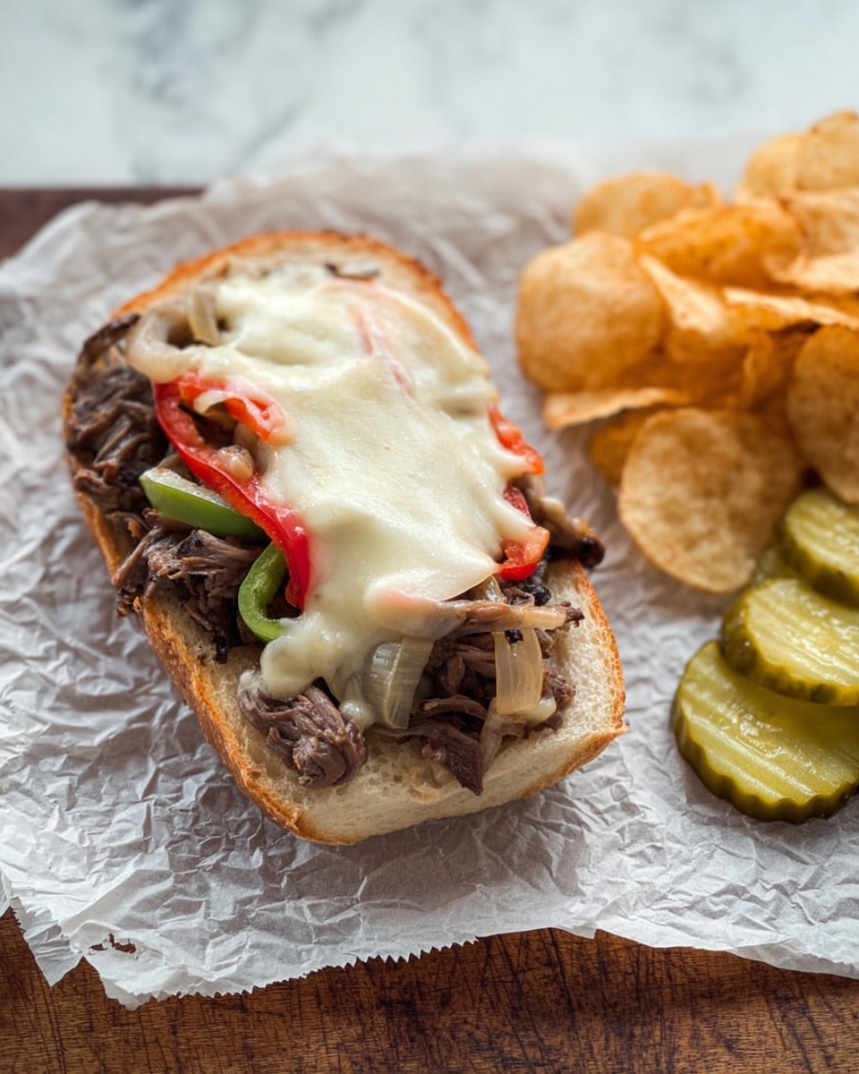 The image shows an open sandwich on a piece of crinkled white parchment paper placed on a wooden surface. The sandwich has three visible layers: the bottom layer is a toasted white bread slice with a light golden-brown edge, the middle layer consists of cooked, shredded dark brown meat mixed with sautéed sliced mushrooms, onions, and thin strips of red and green peppers, and the top layer is melted pale white cheese spread unevenly over the meat and vegetables. To the right of the sandwich, there is a small pile of golden brown potato chips and three slices of green pickles. The whole scene is set against a white marbled texture photo taken with an iphone --ar 4:5 --v 7