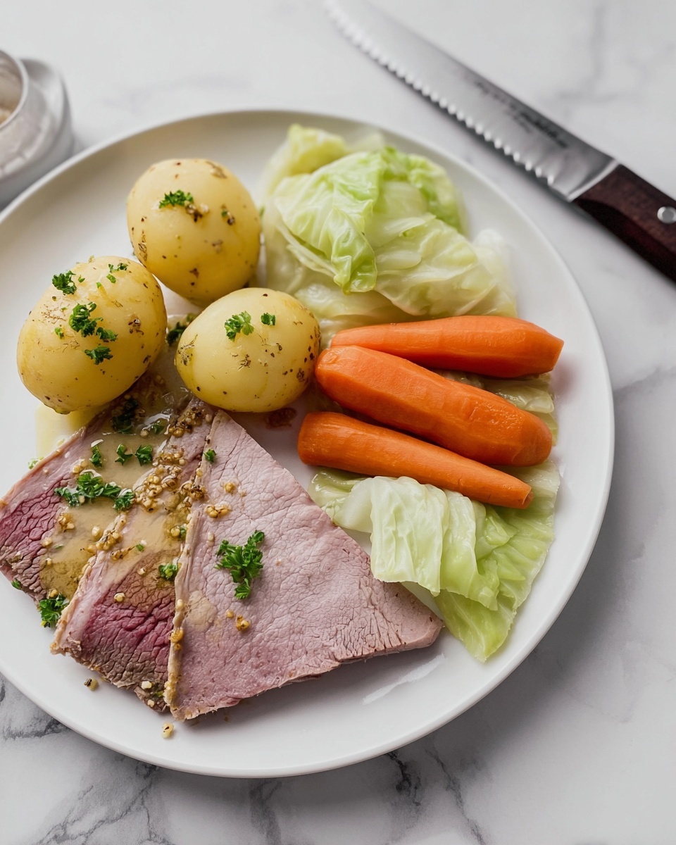 A white plate holds a meal on a white marbled surface. The bottom left side has two slices of tender, pinkish meat with whole mustard seeds and herbs on the edges, looking soft and juicy. Above them are two smooth, round yellow potatoes sprinkled with chopped green herbs. To the right of the potatoes are several thick, bright orange carrot sticks with a slight shine and small herb bits. On the far right side, there are soft, pale green cabbage leaves layered in a slightly curled, wrinkled texture. Next to the plate on the right side, a serrated knife with a dark handle lies flat. Photo taken with an iphone --ar 4:5 --v 7