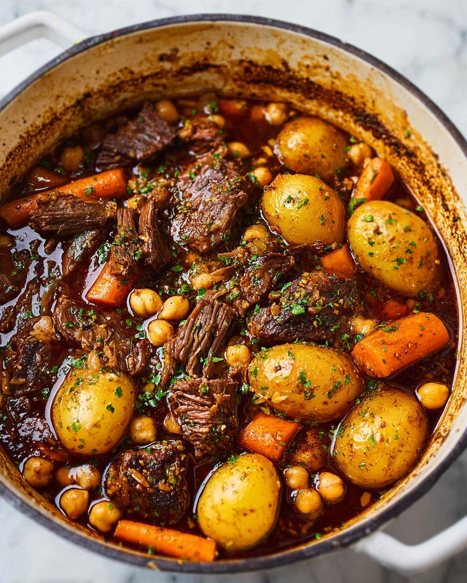 The dish is served on a white oval plate with a thin gold rim, placed on a white marbled surface. It has a rich mix of shredded brown meat layered in the center, surrounded by whole baby potatoes with a golden-brown crispy skin and thick carrot chunks that are soft and shiny. Scattered around and on top of the meat and vegetables are many round, light brown chickpeas covered in a thick, glossy brown sauce that coats everything. Small green herb pieces are sprinkled evenly over the dish, adding a fresh touch. photo taken with an iphone --ar 4:5 --v 7